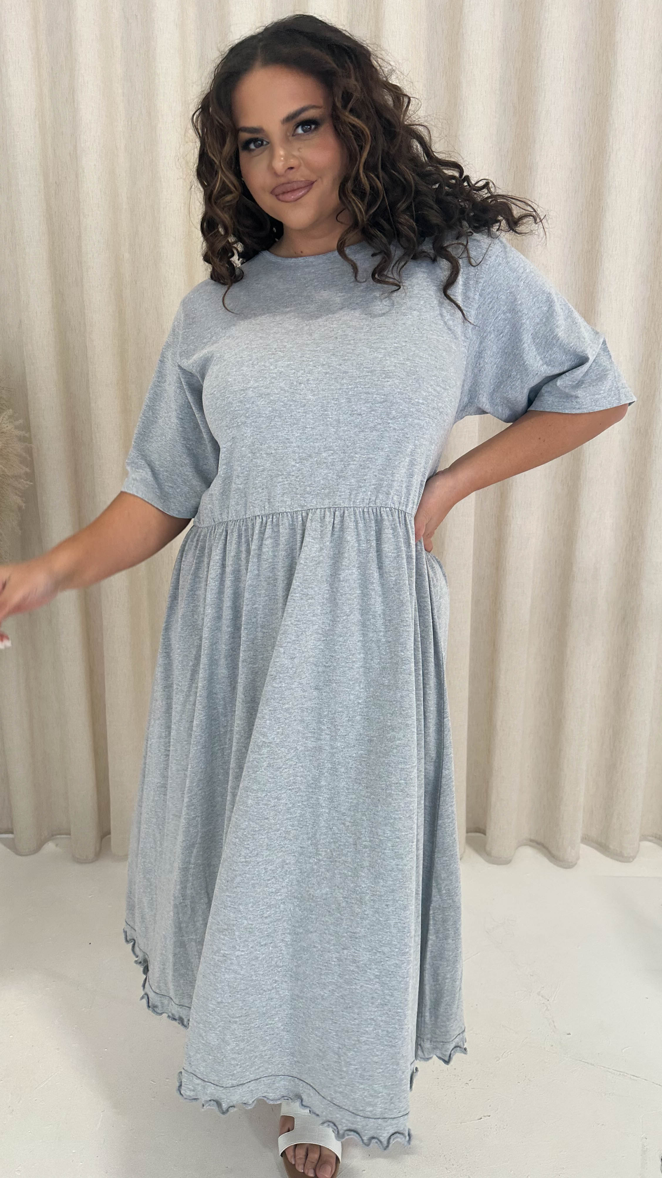 CurveWow Lettuce Hem Midi Dress Grey Marl - Image 3