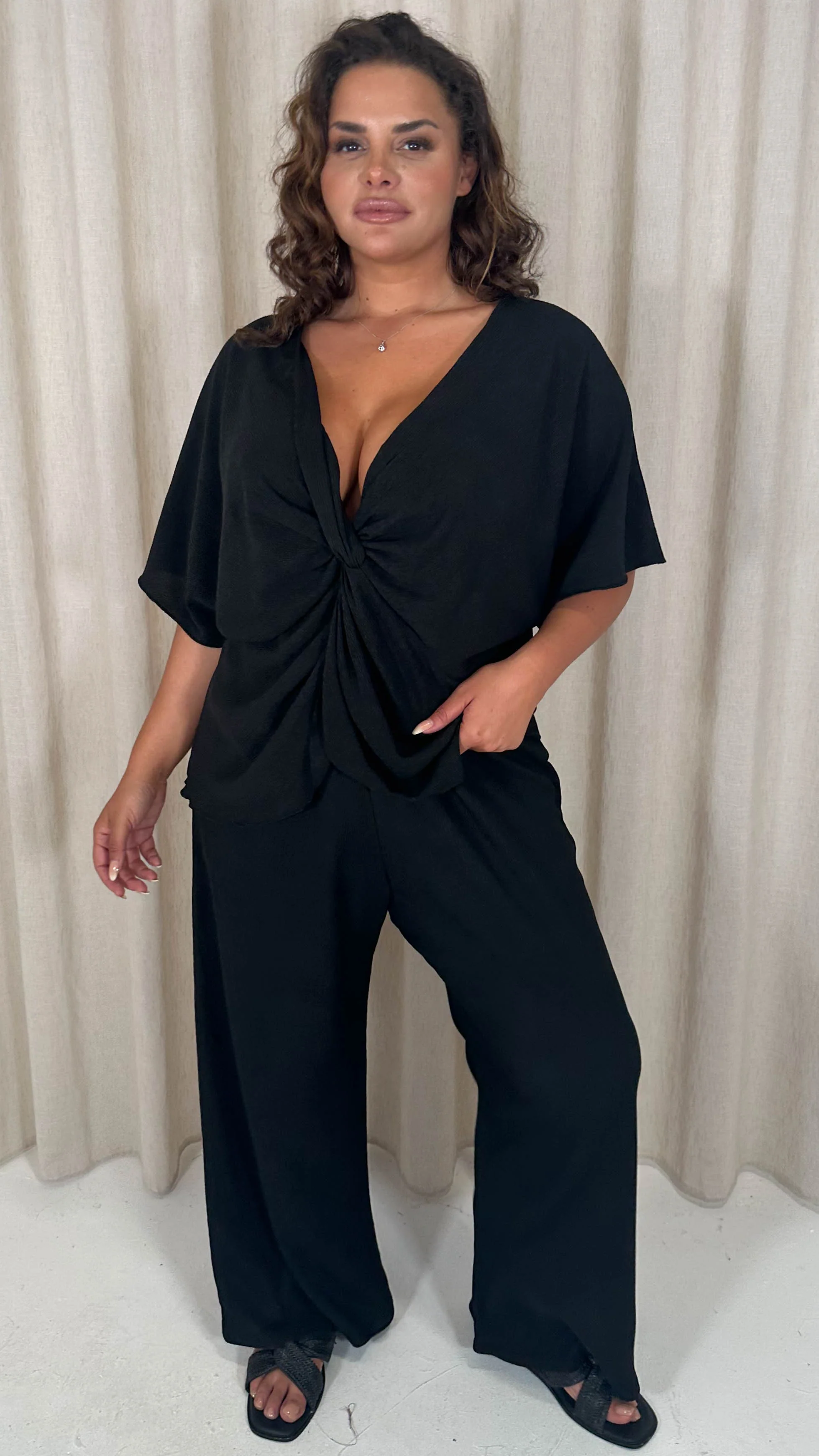 CurveWow Textured Wide Leg Trouser Black - Image 3