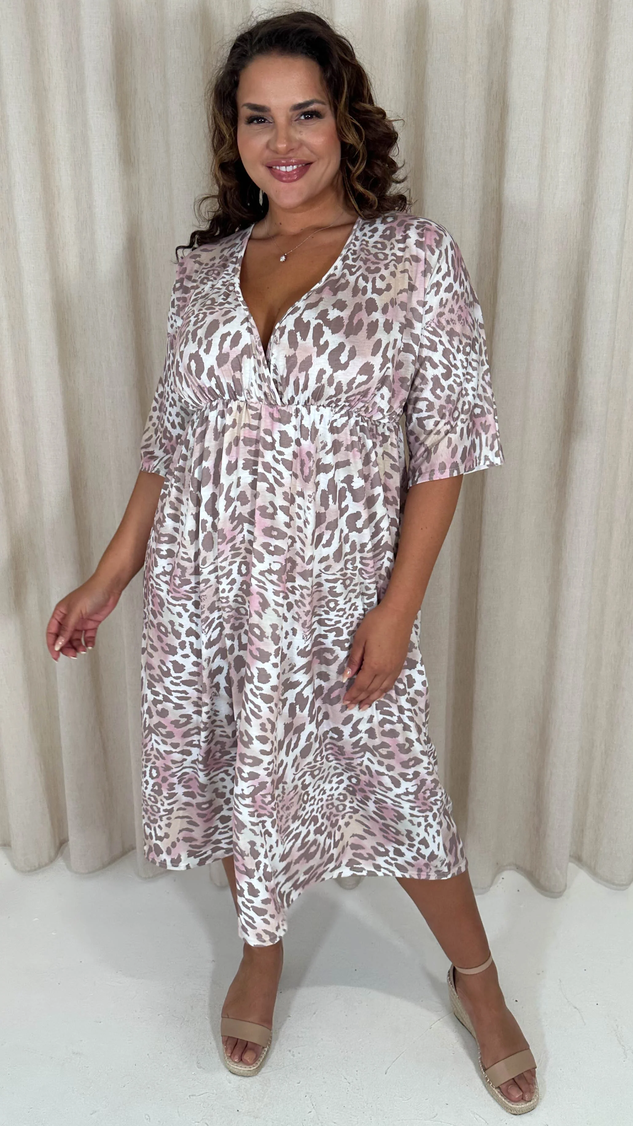 CurveWow Tie Back Kimono Sleeve Midi Dress Light Animal - Image 7