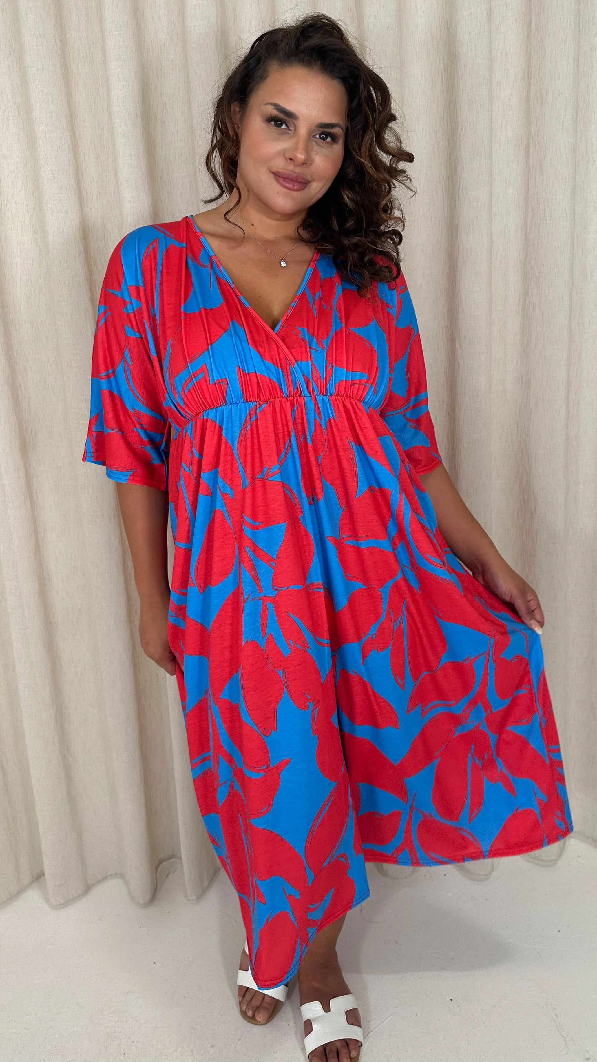 CurveWow Tie Back Kimono Sleeve Midi Dress Red/Blue - Image 3