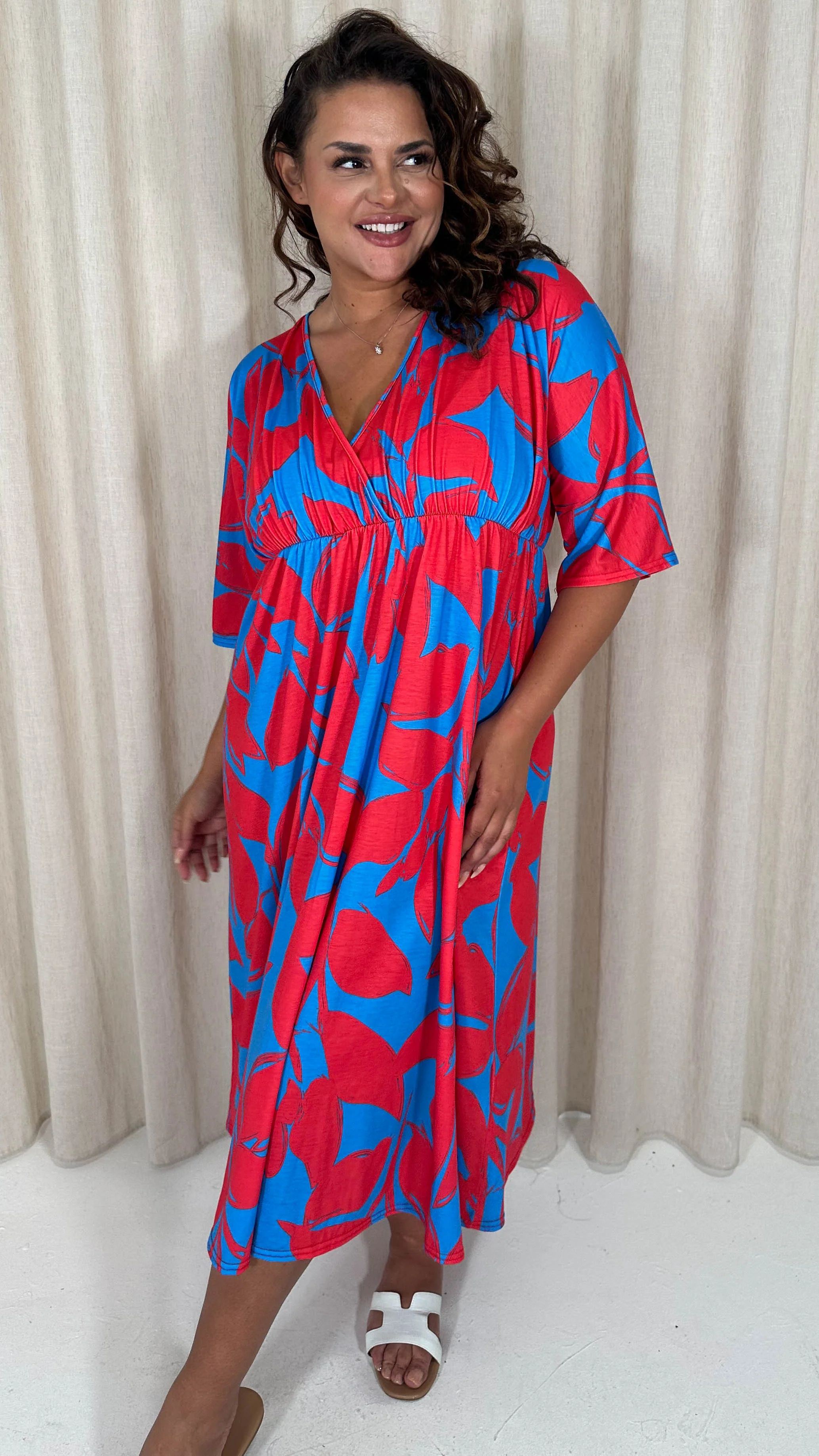 CurveWow Tie Back Kimono Sleeve Midi Dress Red/Blue - Image 5