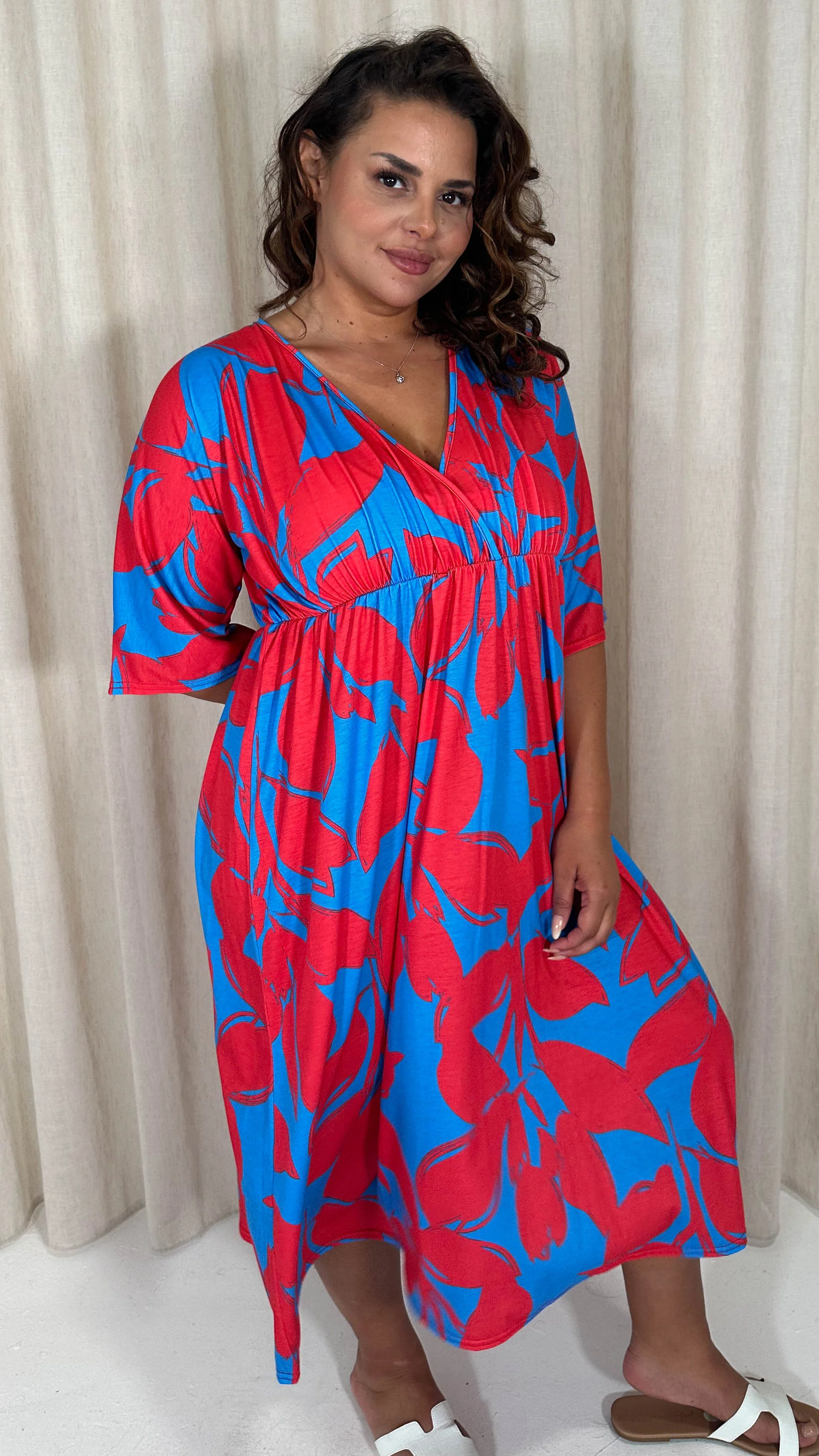 CurveWow Tie Back Kimono Sleeve Midi Dress Red/Blue - Image 6