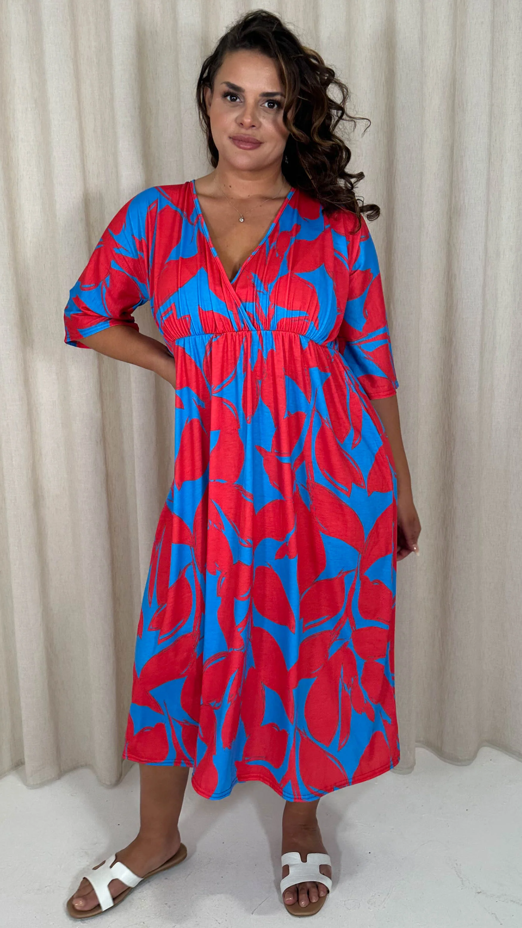 CurveWow Tie Back Kimono Sleeve Midi Dress Red/Blue - Image 7