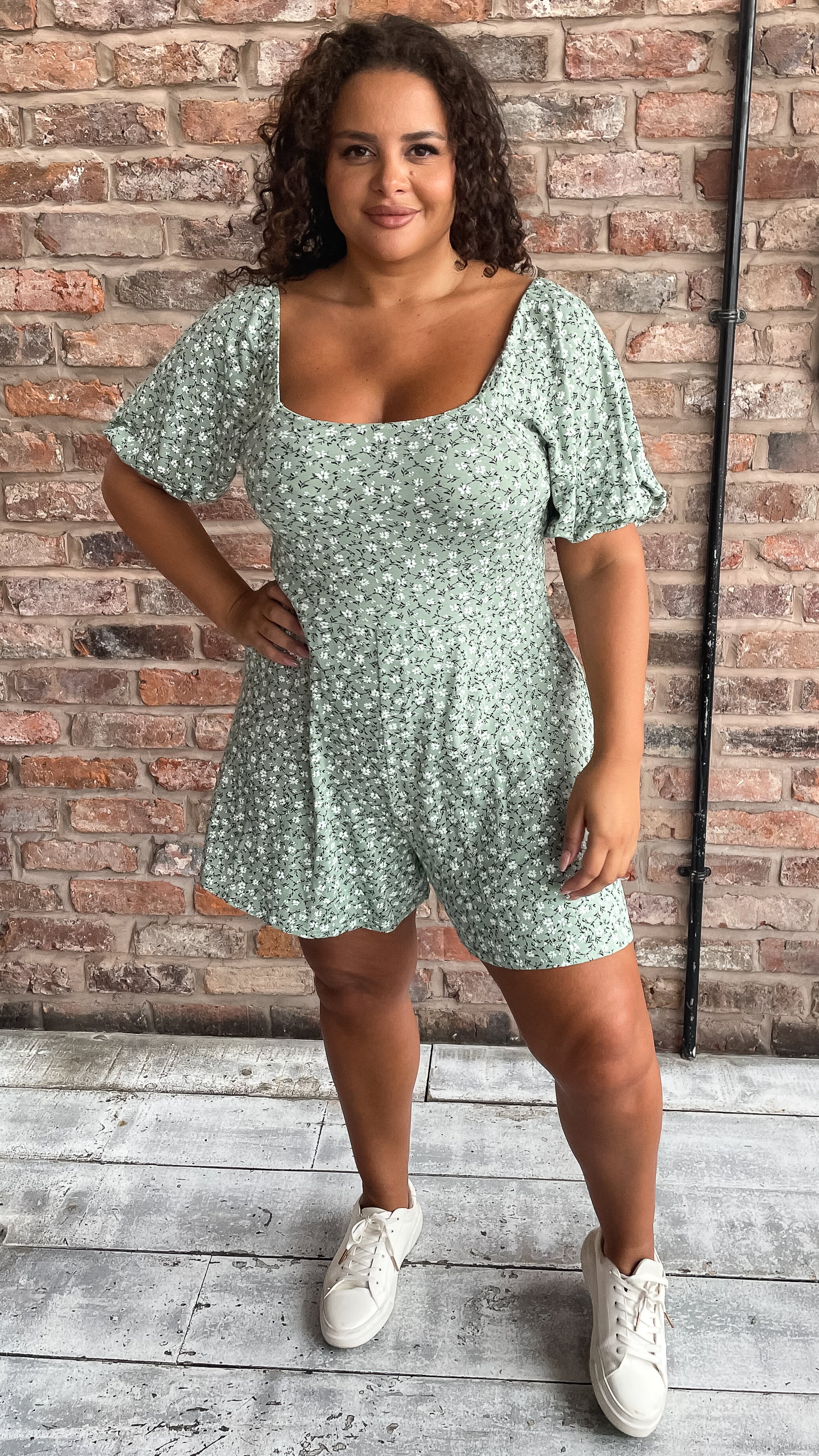 CurveWow Tie Back Playsuit Green Floral - Image 3