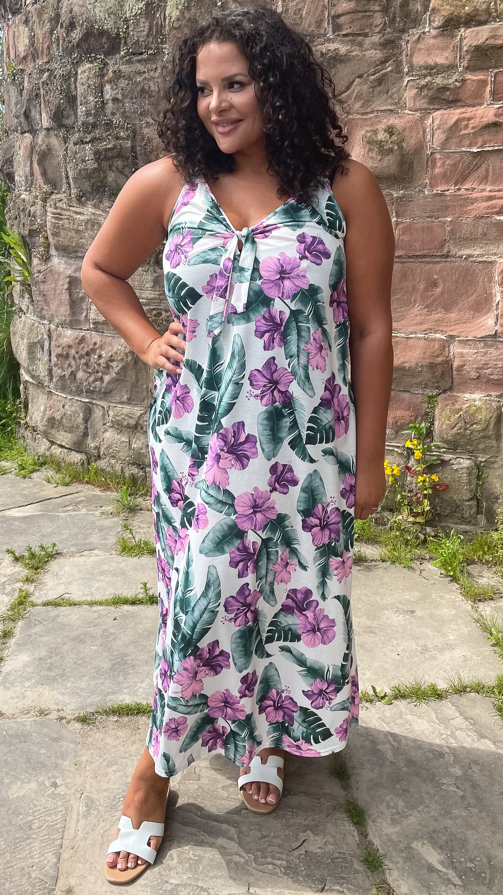CurveWow Tie Bust Maxi Dress White Purple Floral - Image 4