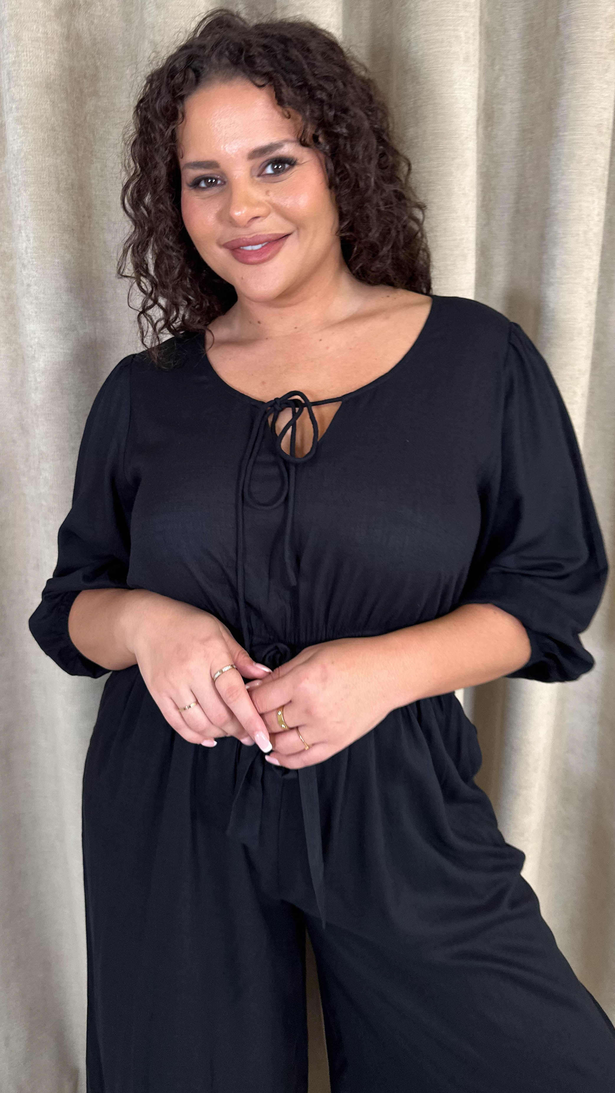 CurveWow Tie Front Wide Leg Jumpsuit Black - Image 2