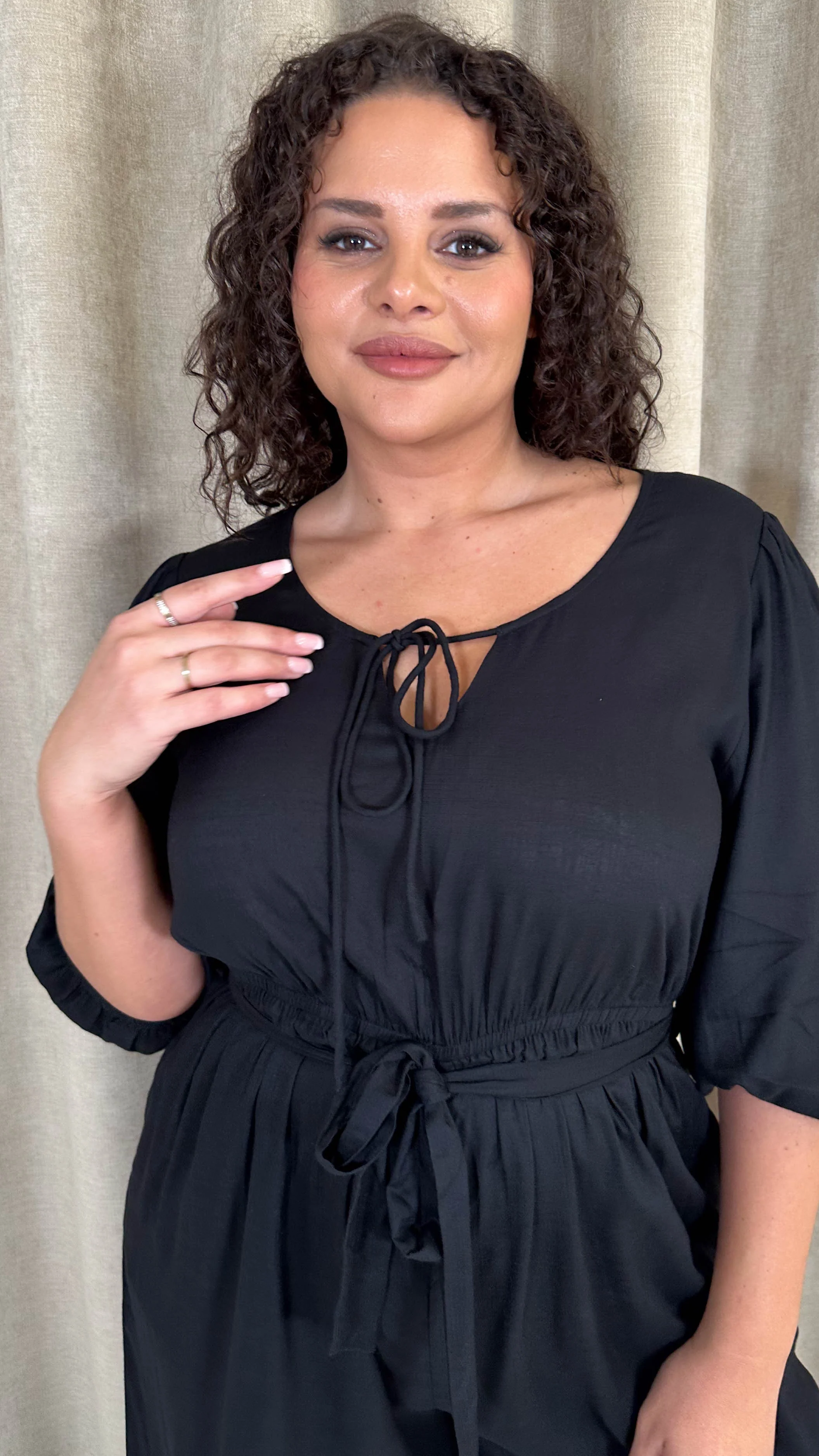 CurveWow Tie Front Wide Leg Jumpsuit Black - Image 3