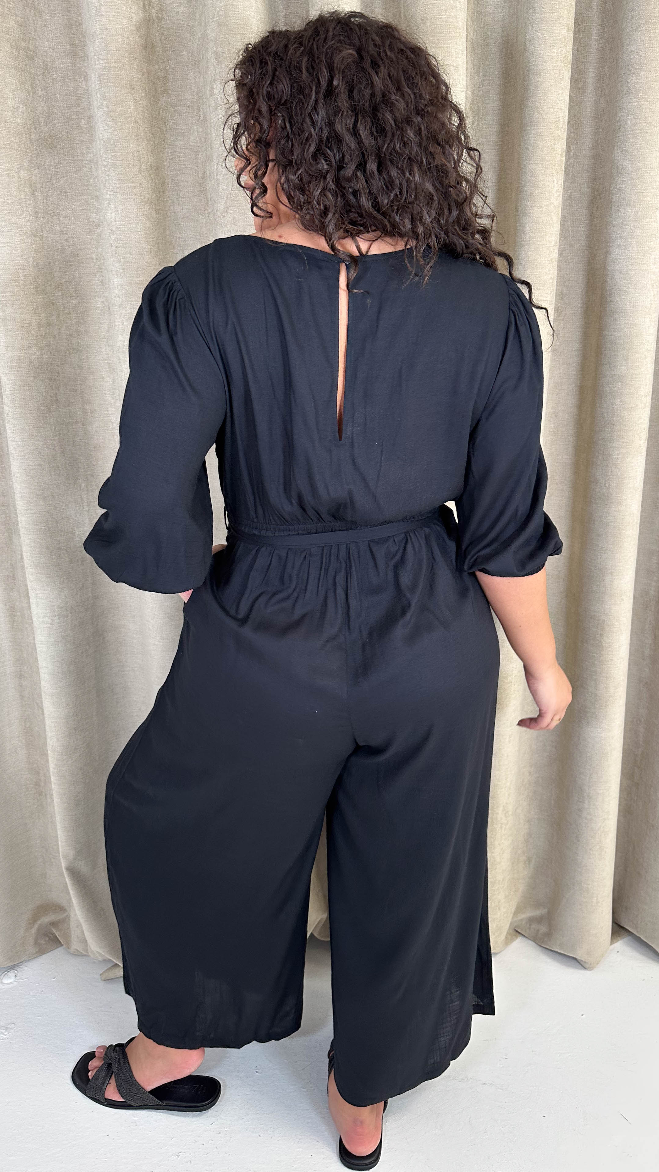 CurveWow Tie Front Wide Leg Jumpsuit Black - Image 5