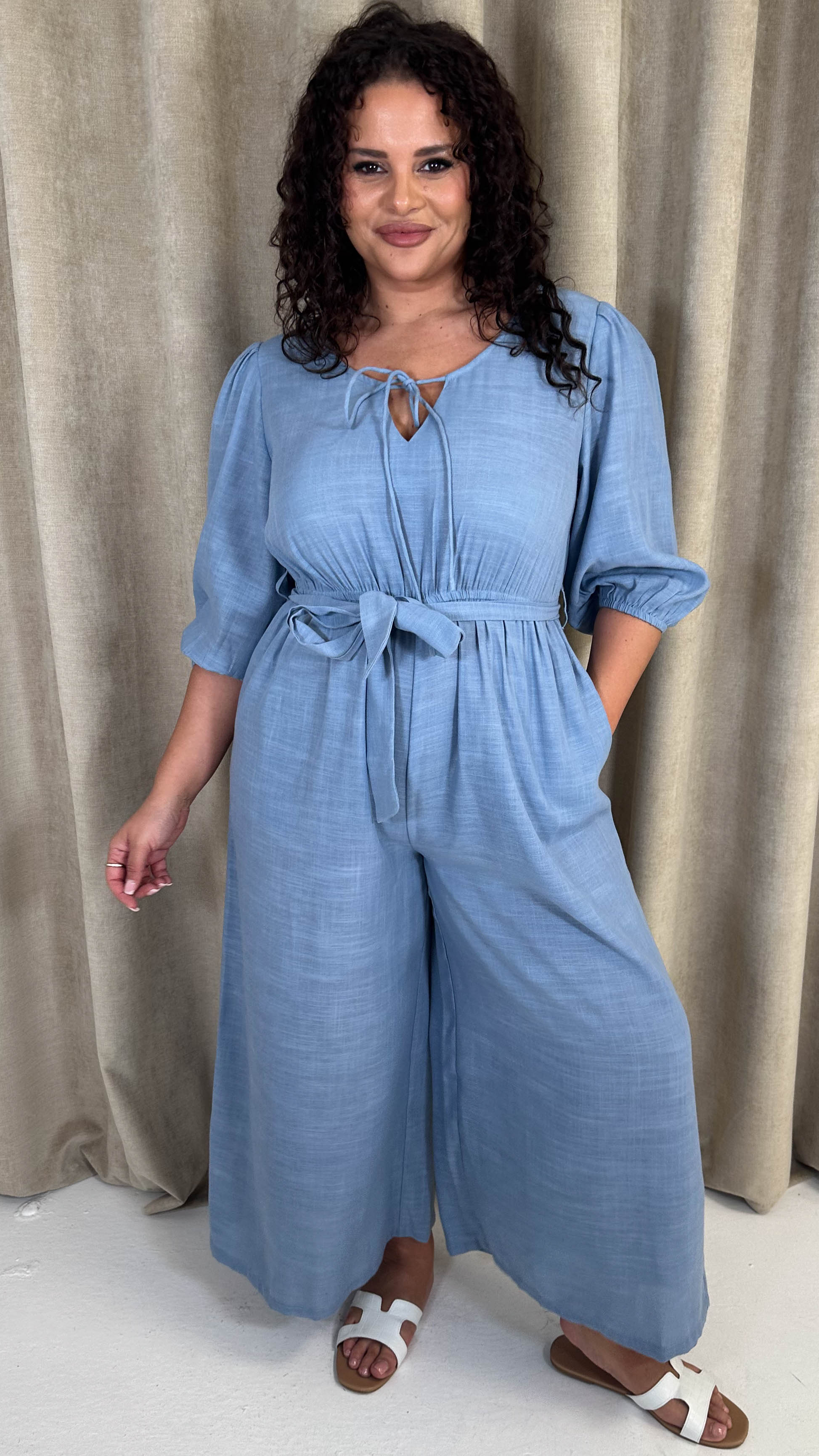 CurveWow Tie Front Wide Leg Jumpsuit Dusty Blue - Image 3