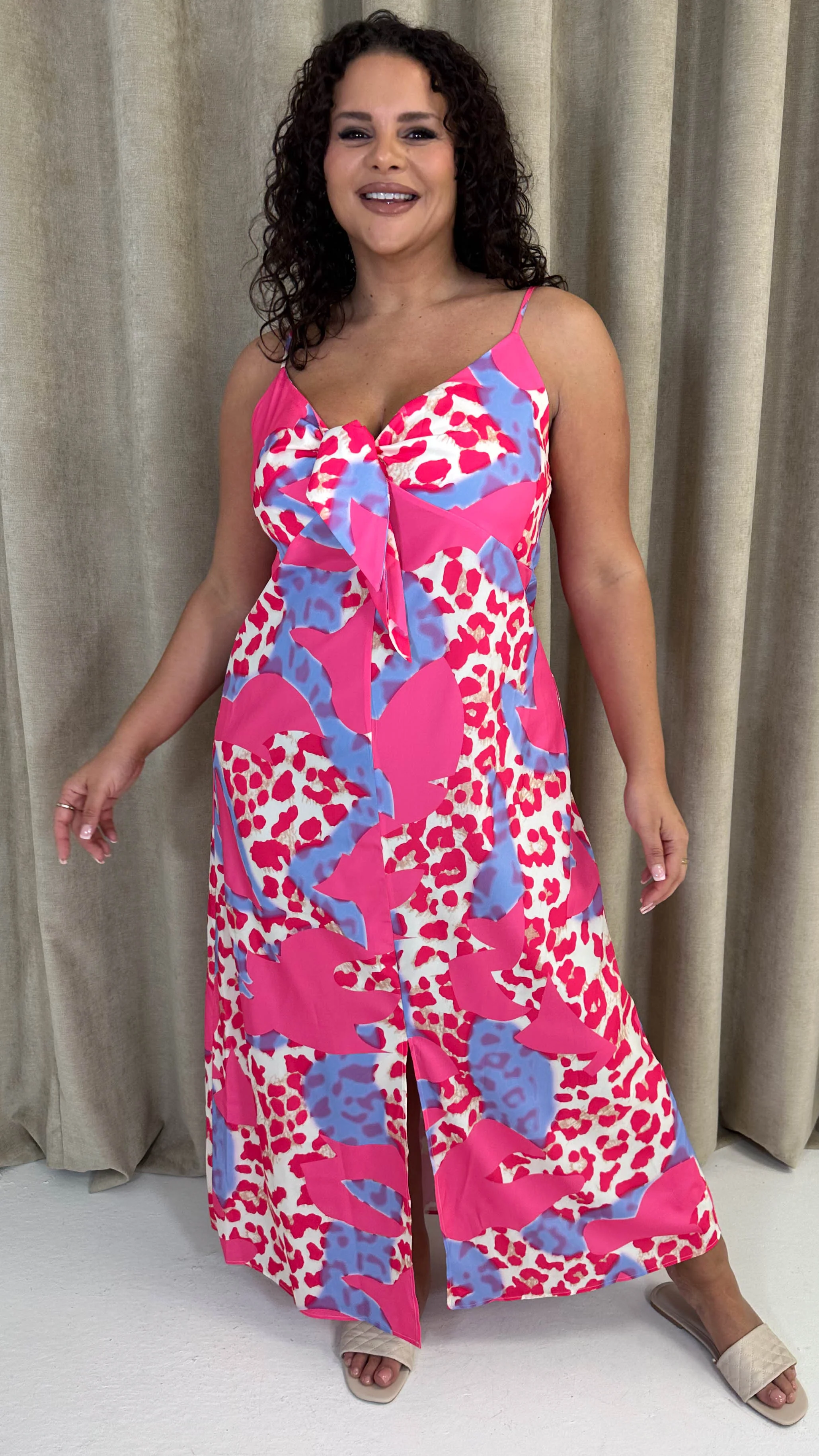 CurveWow Tie Front Cami Maxi Dress Pink Leopard - Image 4