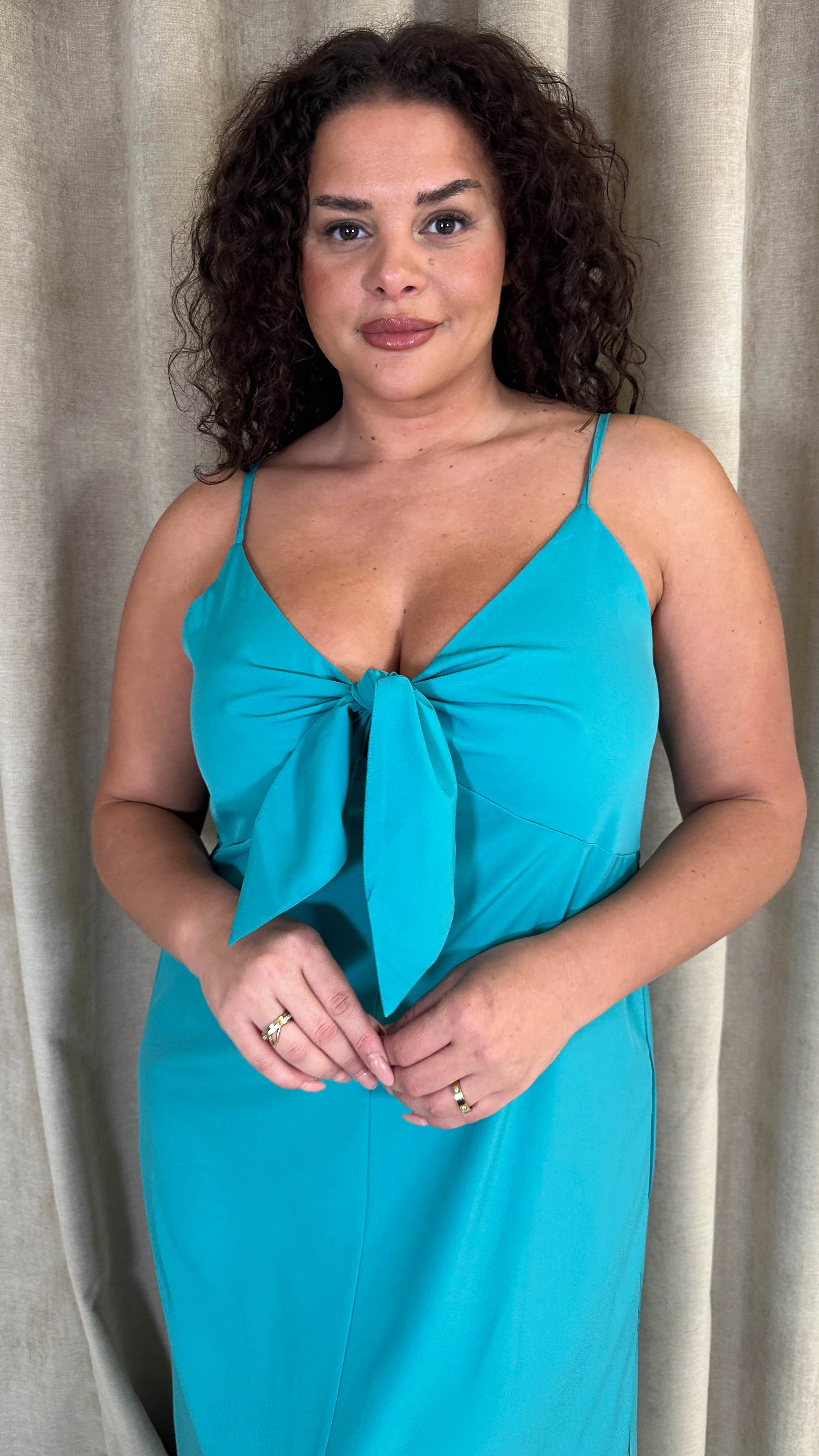 CurveWow Tie Front Cami Maxi Dress Teal - Image 2