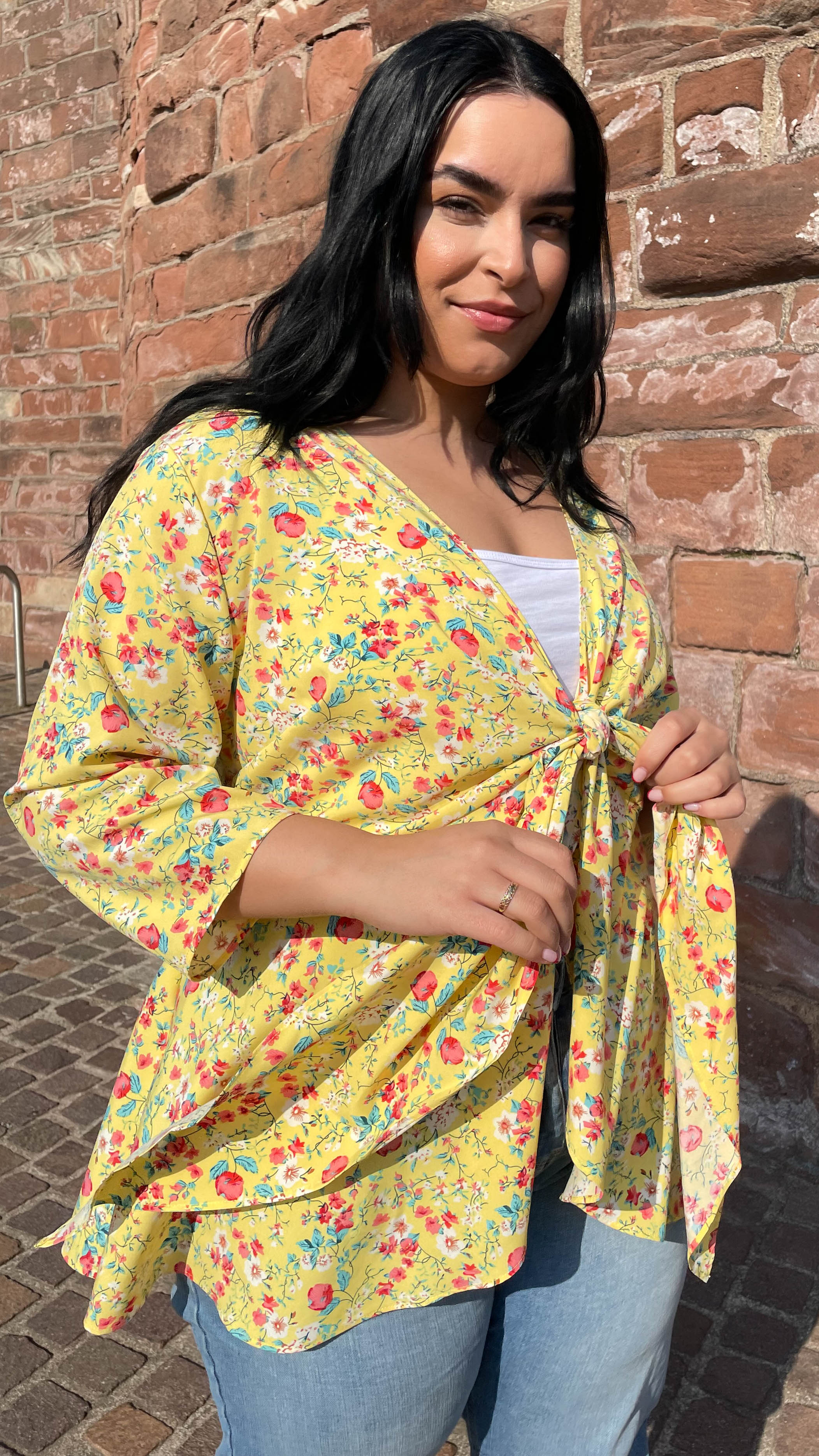 CurveWow Tie Front Peplum Top Yellow Floral - Image 3
