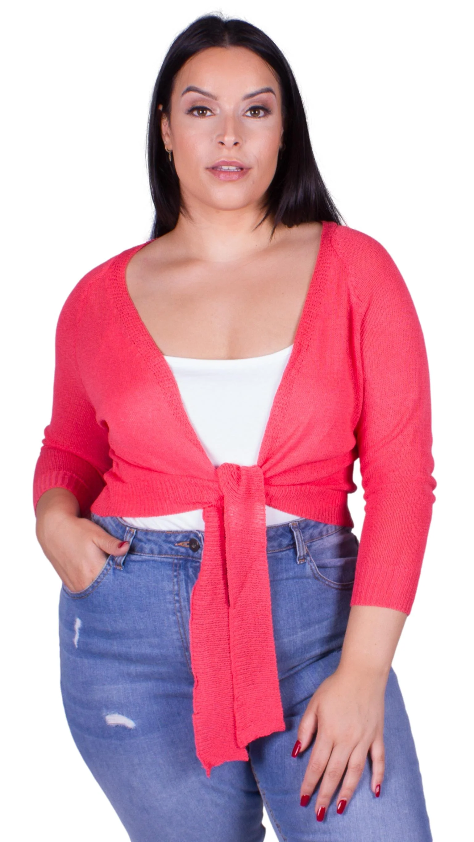 CurveWow Tie Front Shrug Coral
