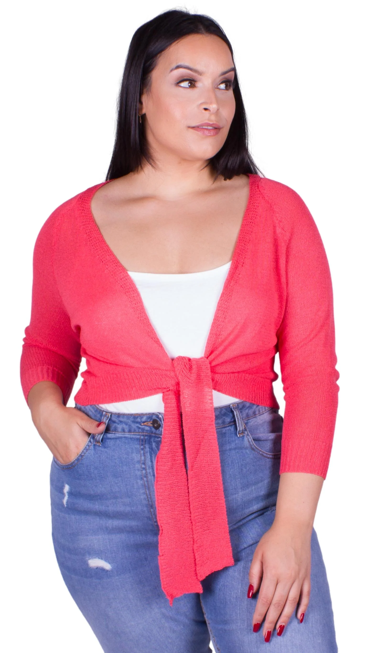 CurveWow Tie Front Shrug Coral - Image 4