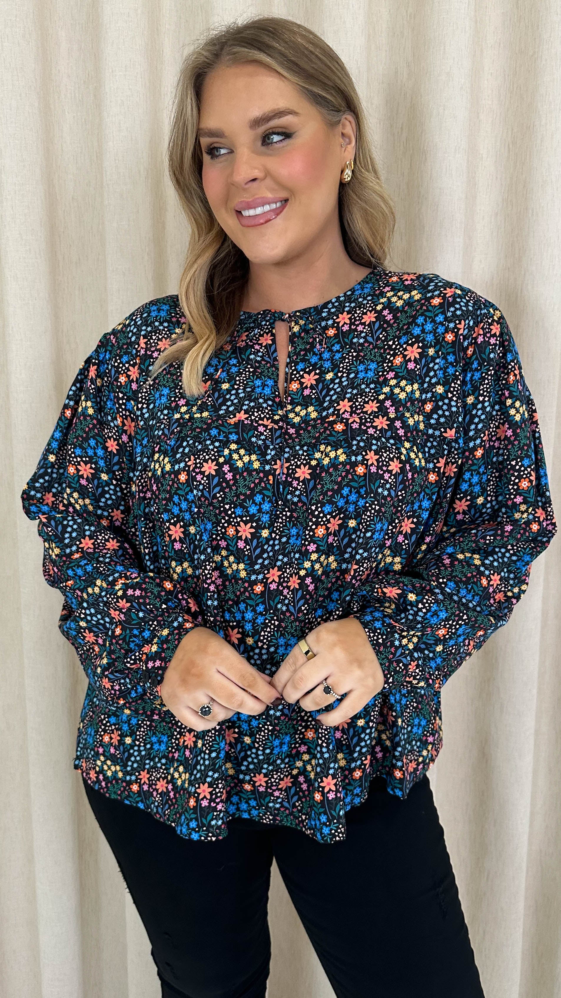 CurveWow Tie Neck Blouse Multi Floral - Image 2