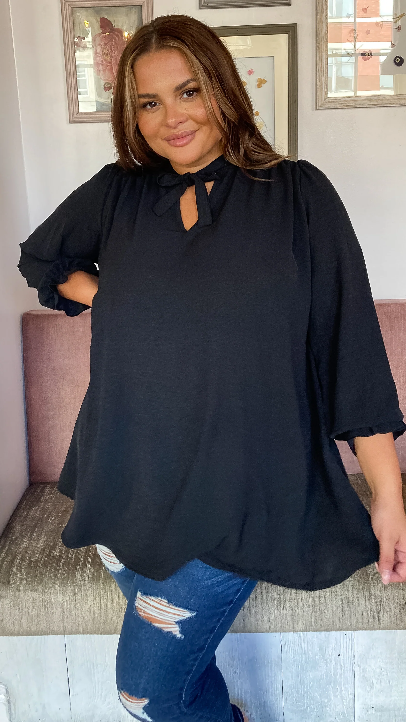 CurveWow Tie Neck Swing Top Black
