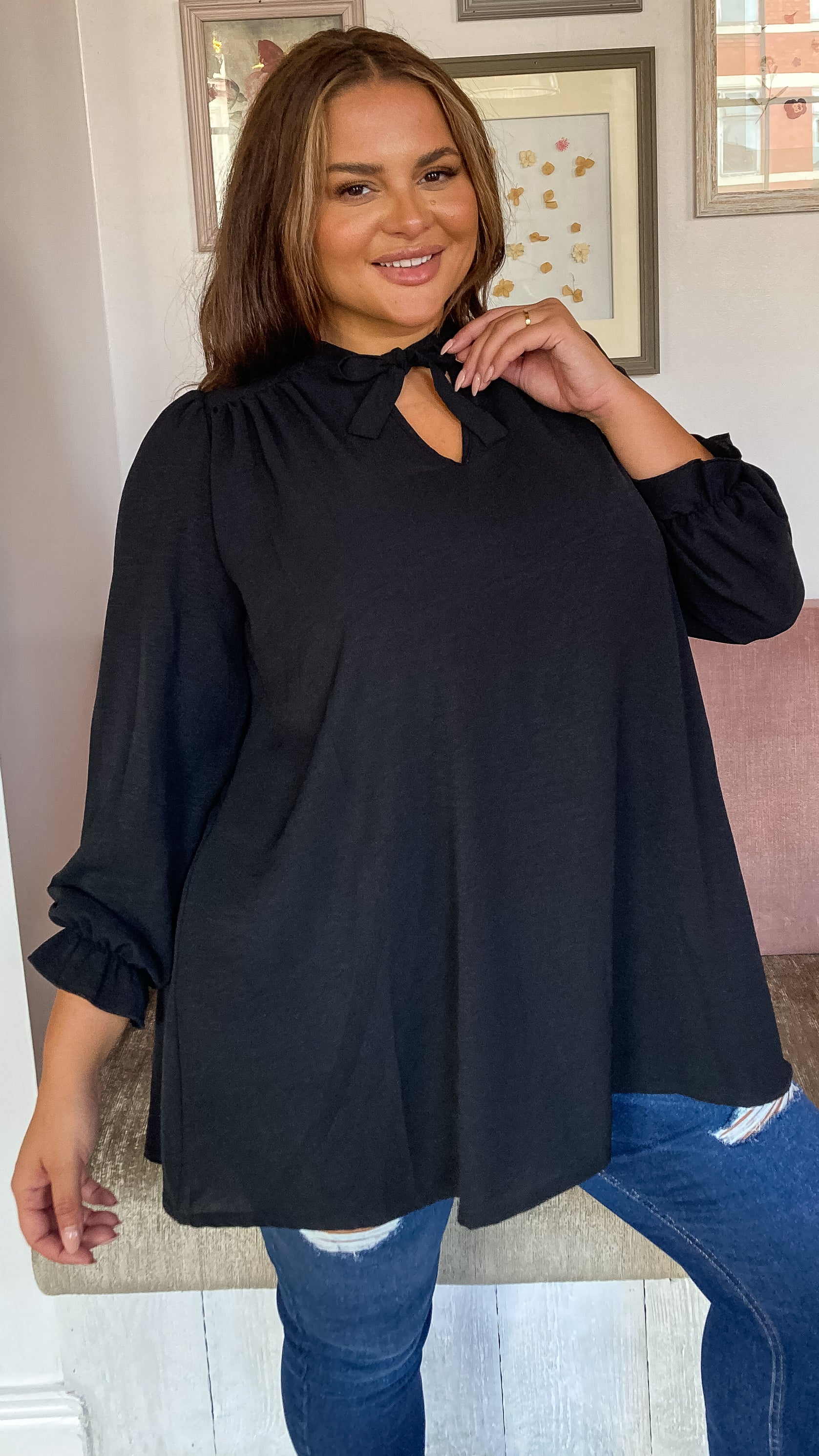 CurveWow Tie Neck Swing Top Black - Image 2