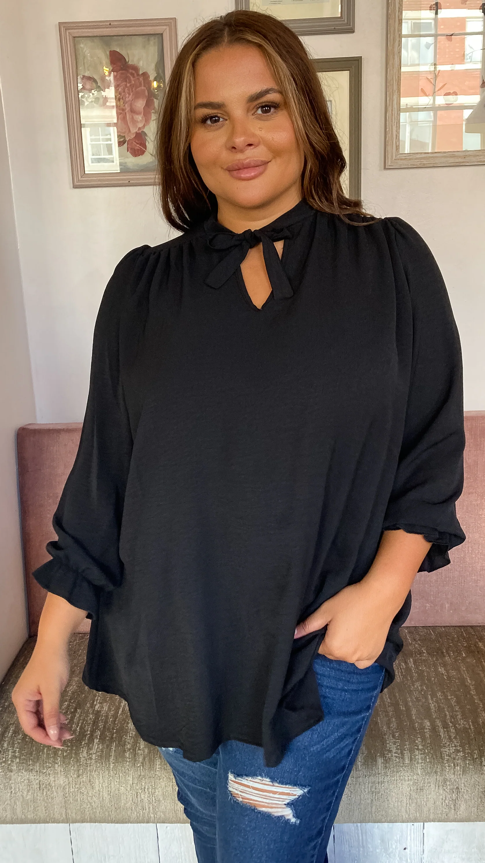 CurveWow Tie Neck Swing Top Black - Image 3