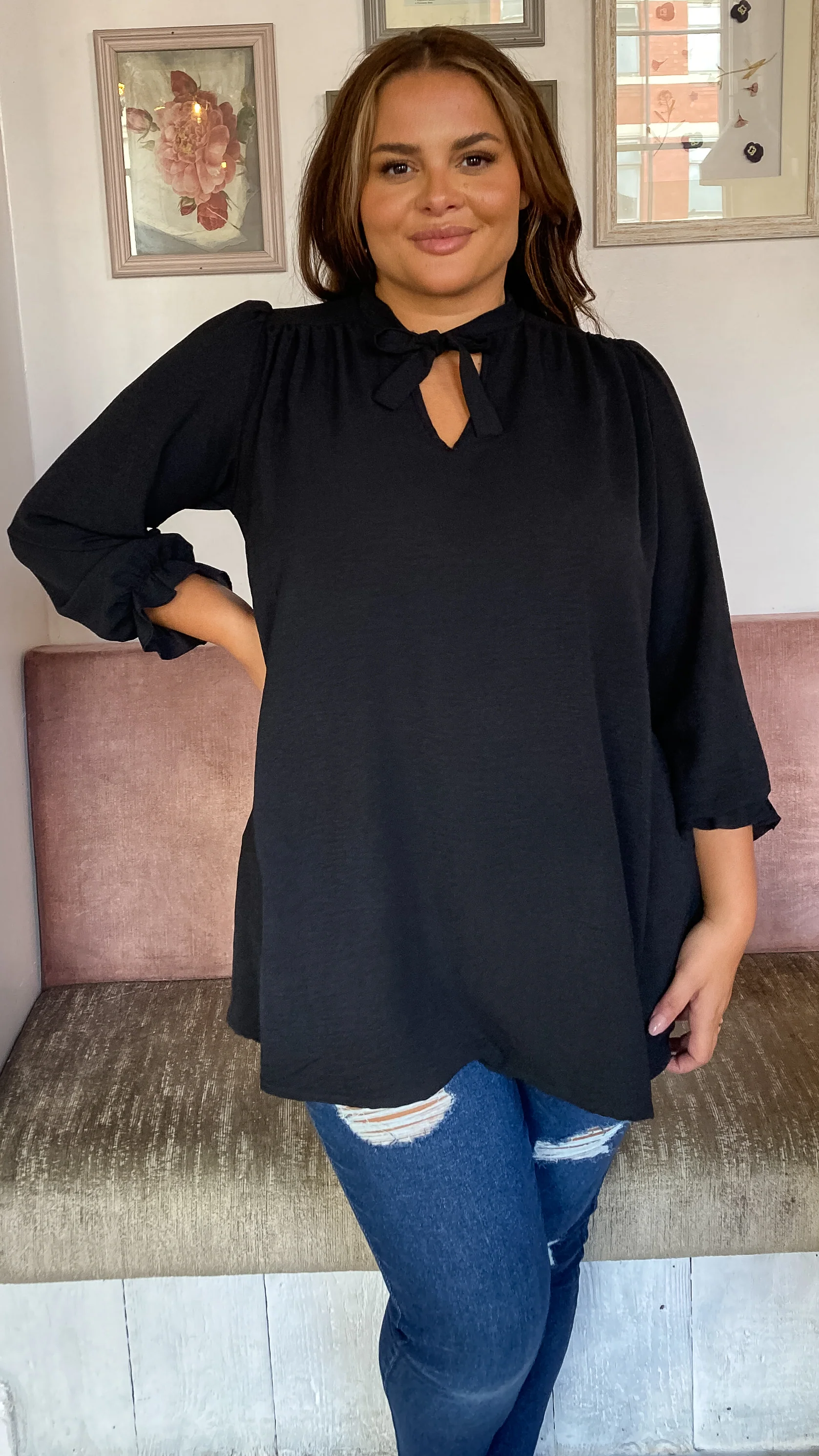 CurveWow Tie Neck Swing Top Black - Image 4