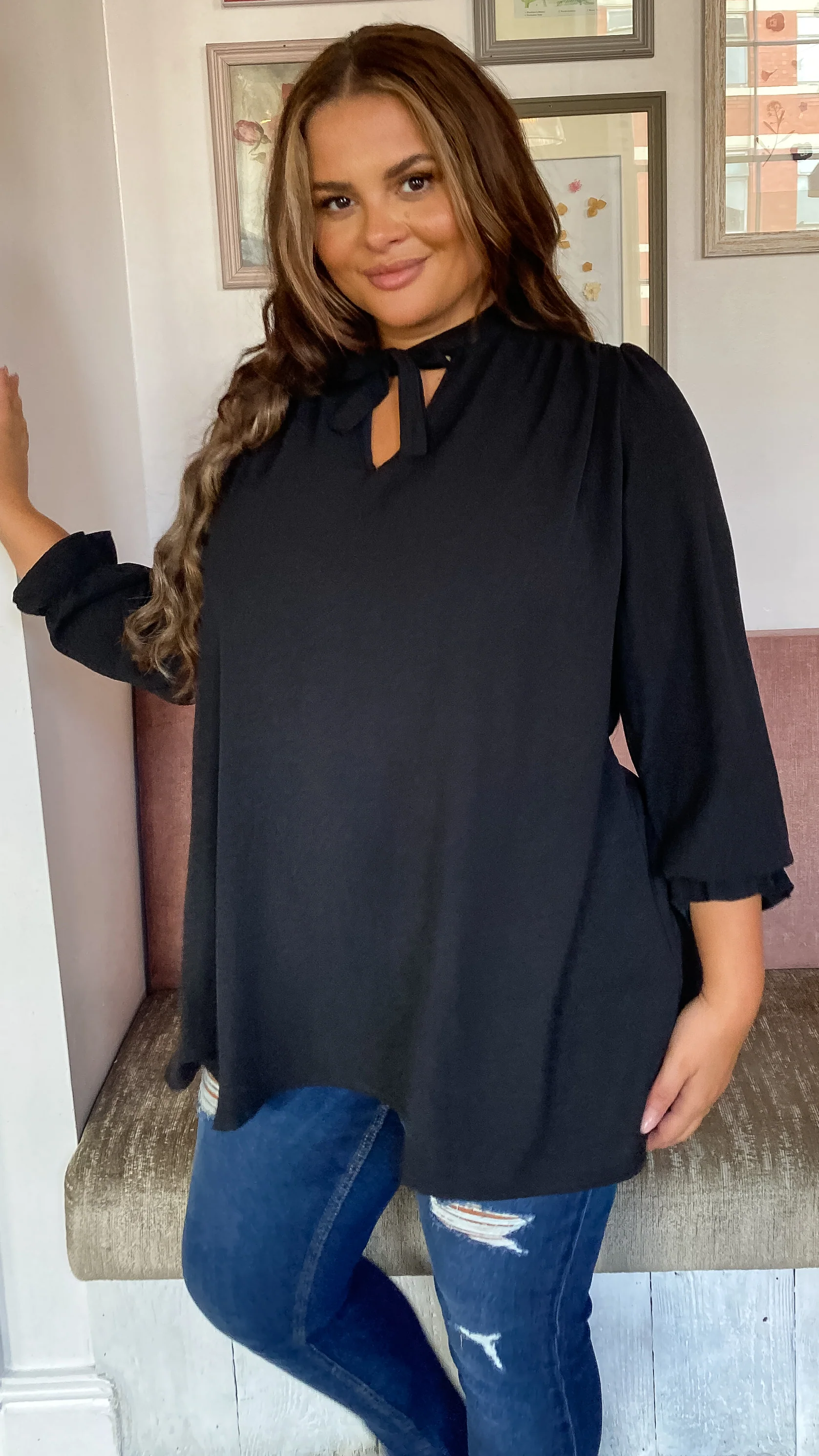 CurveWow Tie Neck Swing Top Black - Image 7