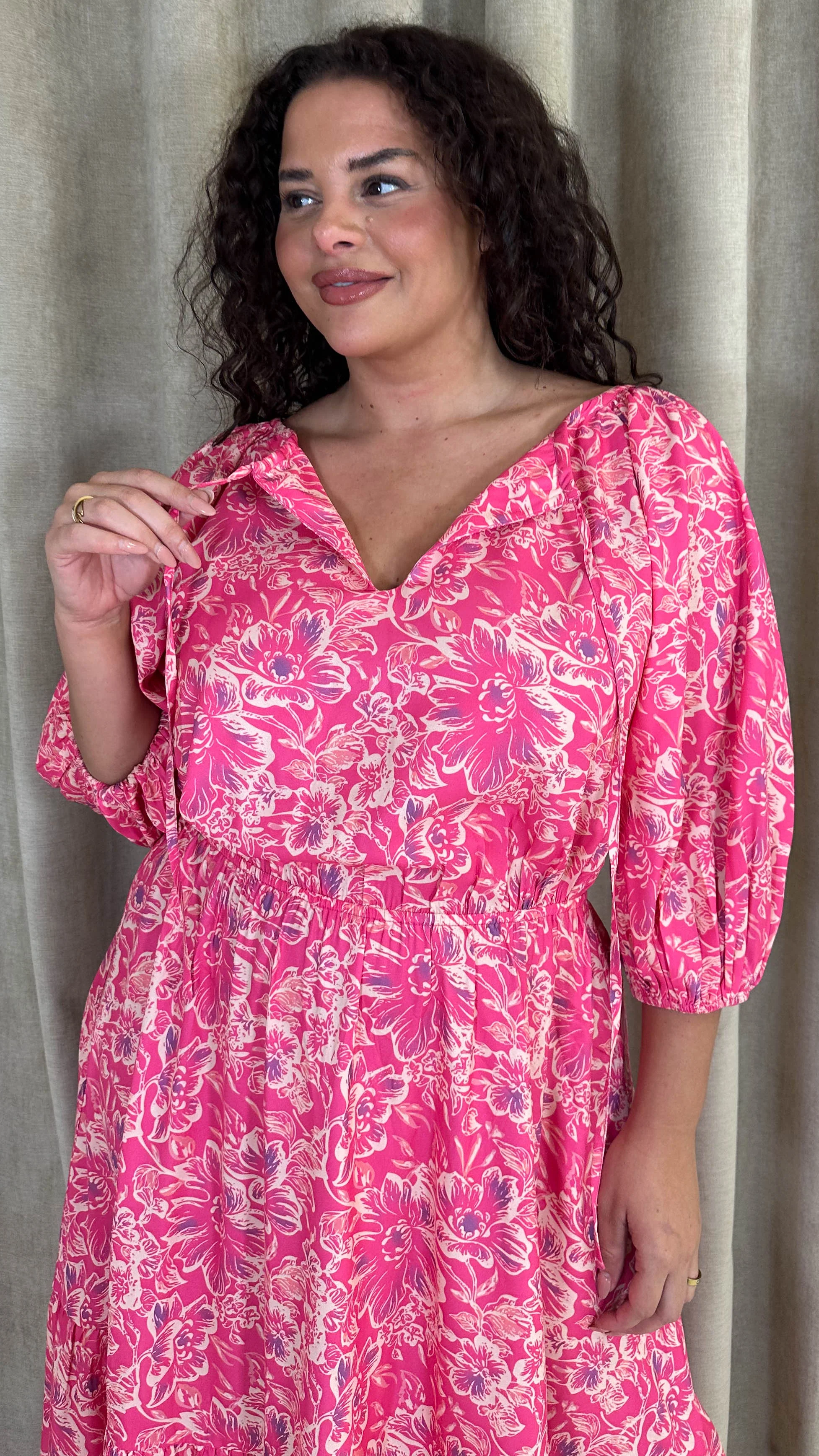CurveWow Tie Neck Tiered Maxi Dress Pink Floral - Image 2