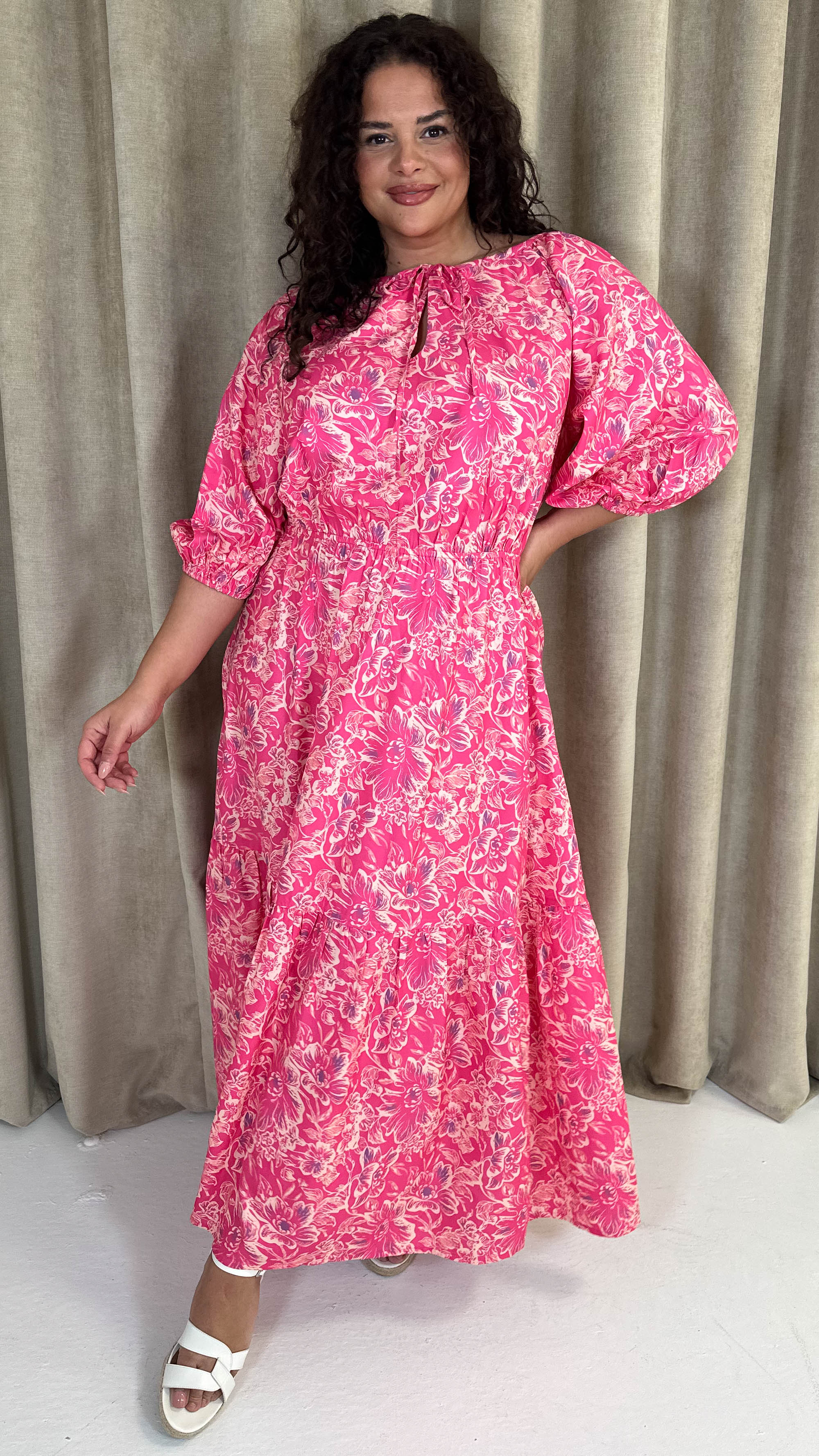 CurveWow Tie Neck Tiered Maxi Dress Pink Floral - Image 6