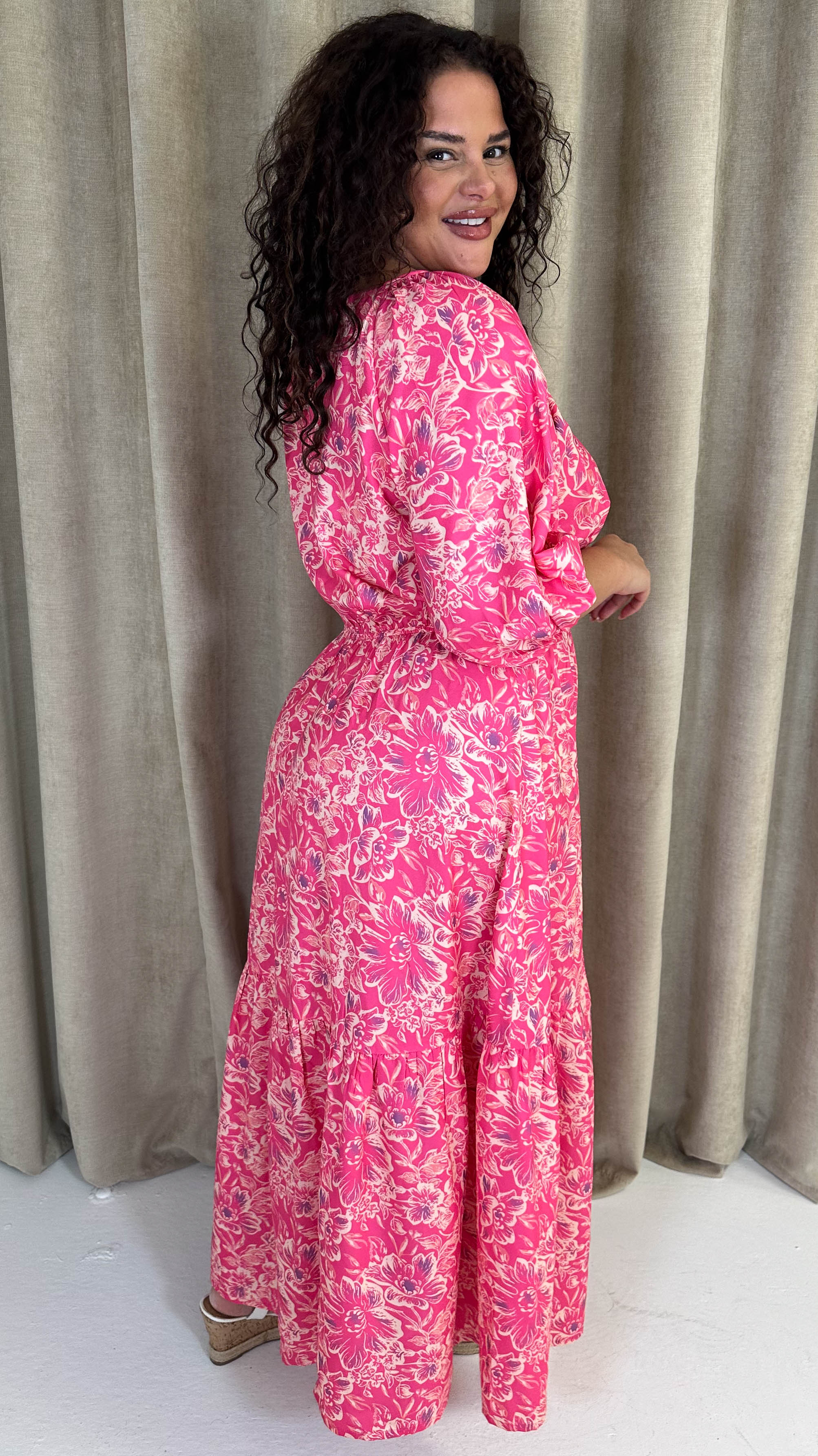 CurveWow Tie Neck Tiered Maxi Dress Pink Floral - Image 8