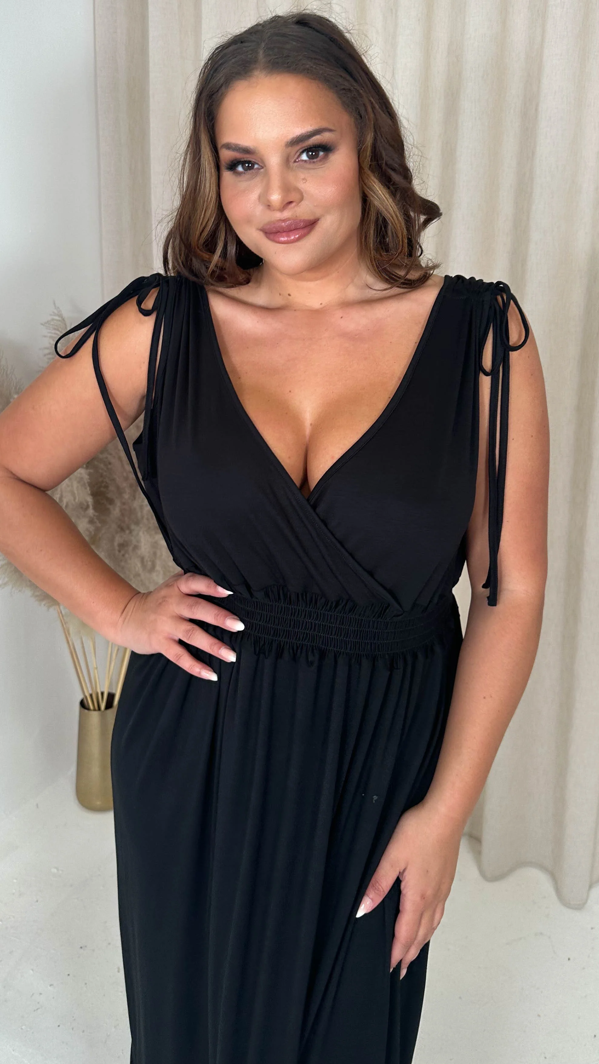 CurveWow Tie Shoulder Shirred Waist Maxi Dress Black - Image 2