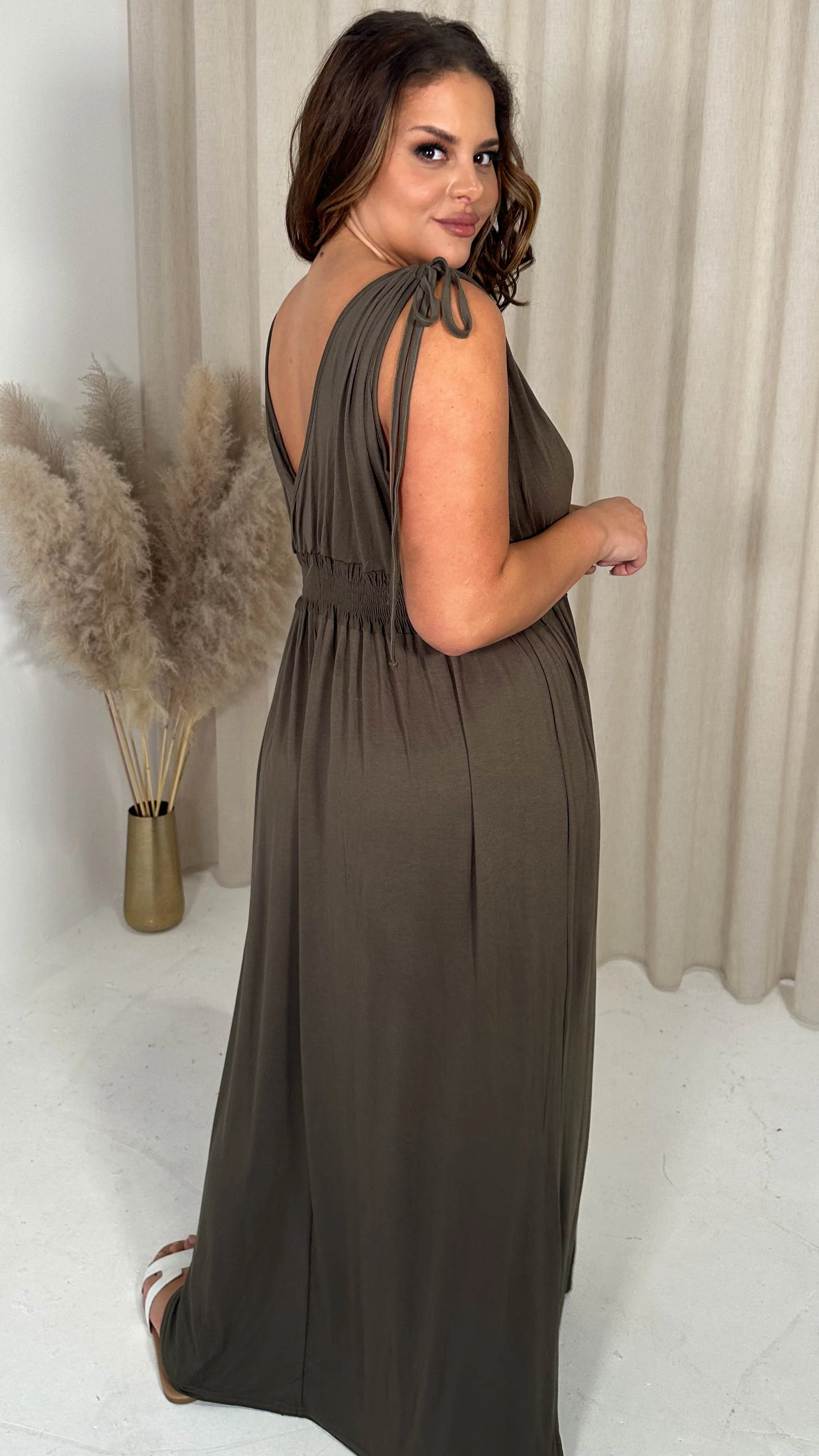 CurveWow Tie Shoulder Shirred Waist Maxi Dress Khaki - Image 6
