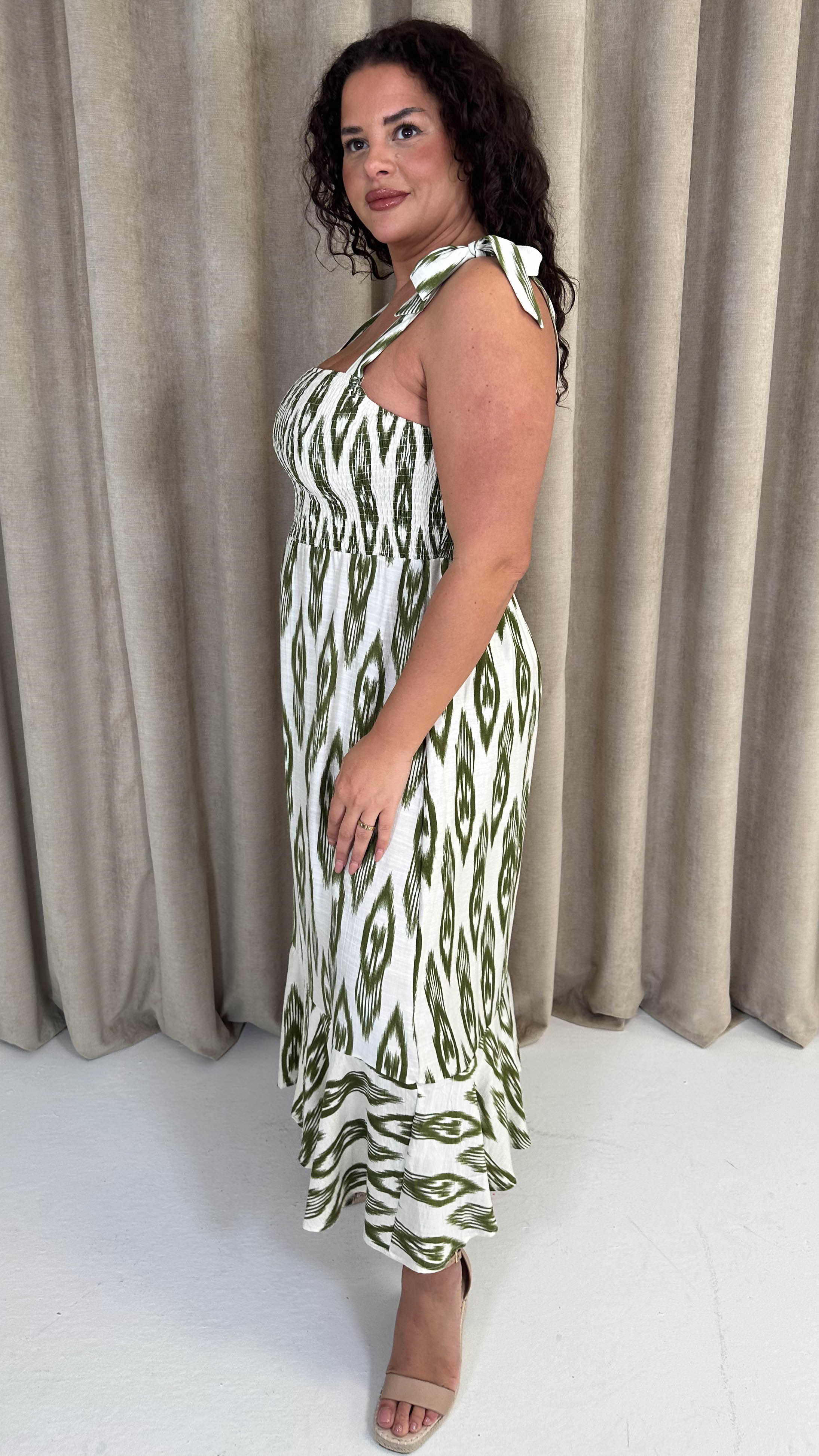 CurveWow Tie Shoulder Strappy Midaxi Dress Green Ikat Print - Image 6