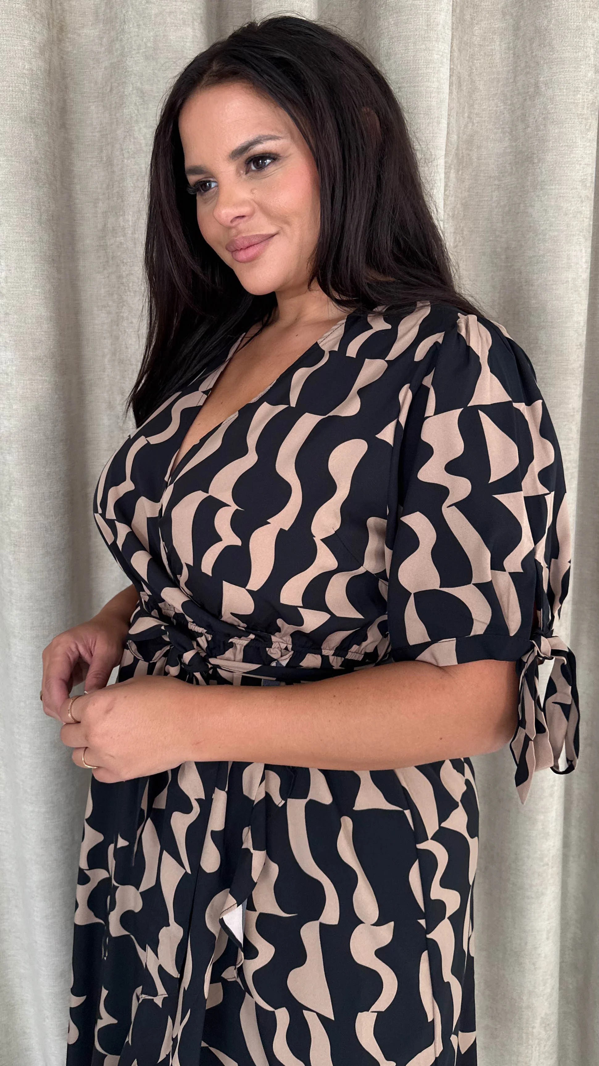 CurveWow Tie Sleeve Wrap Dress Black Abstract - Image 2