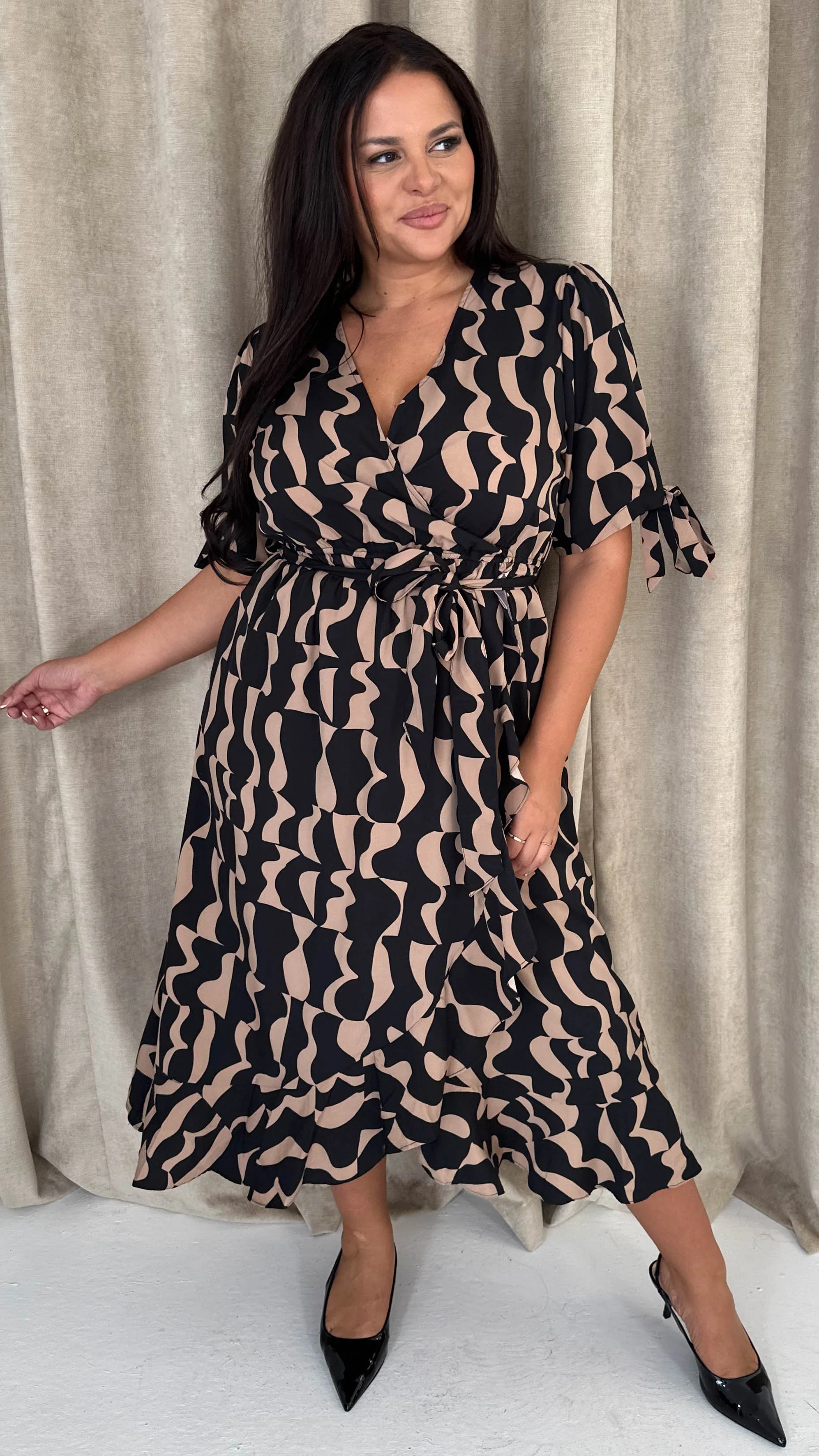 CurveWow Tie Sleeve Wrap Dress Black Abstract - Image 6