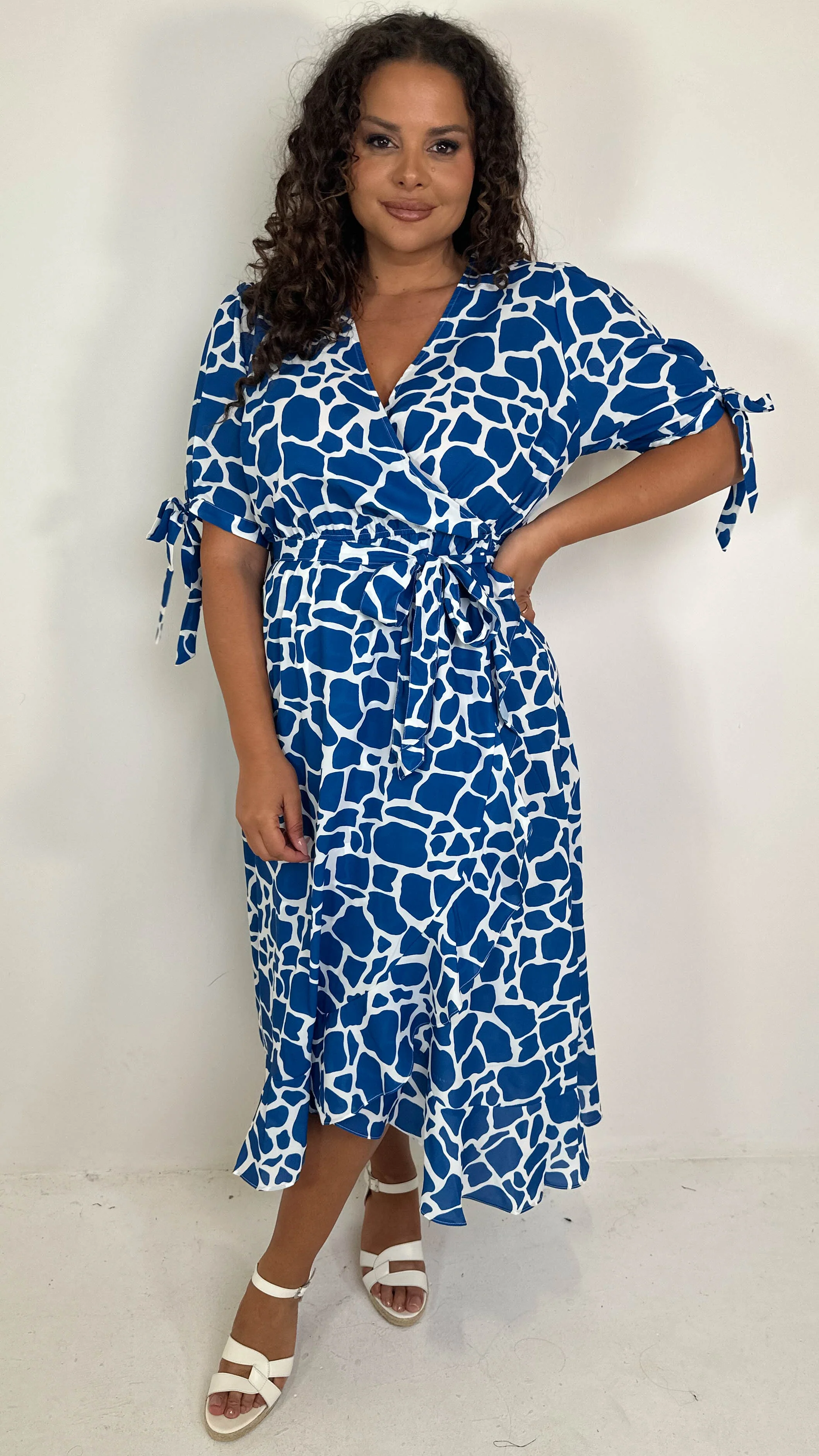 CurveWow Tie Sleeve Wrap Dress Blue - Image 6