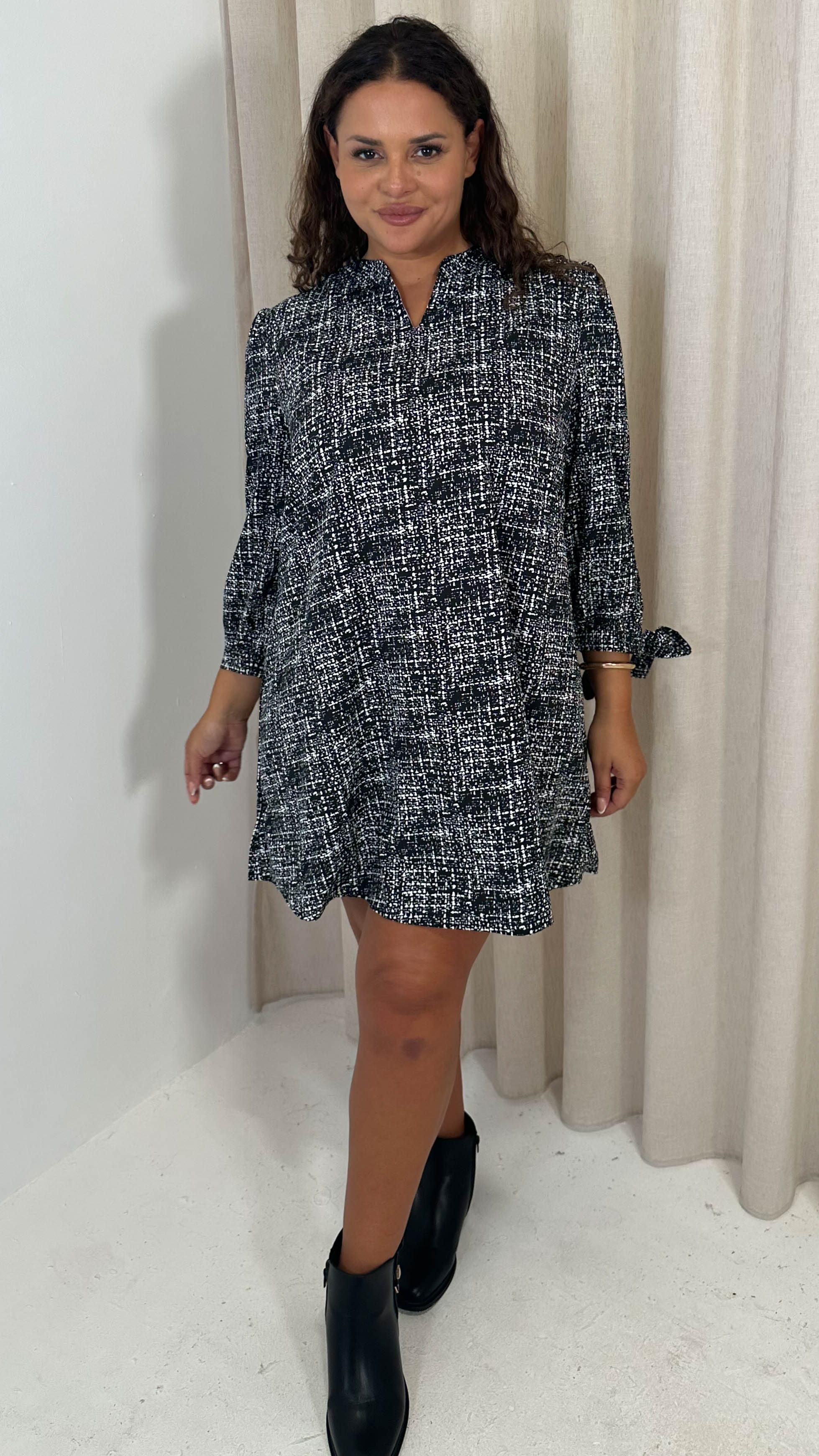 CurveWow Tie Sleeve Tunic Dress Black Check - Image 3