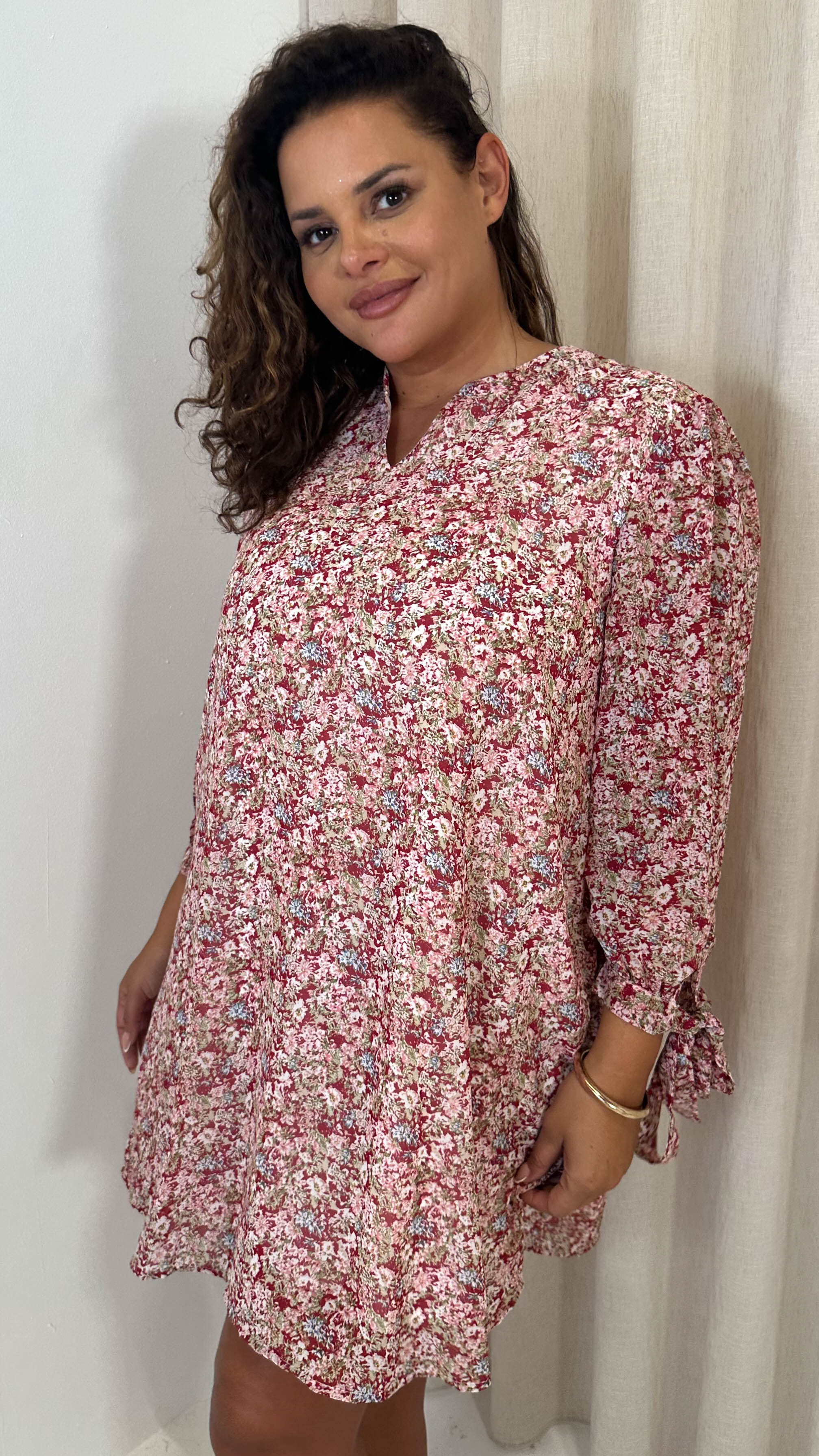CurveWow Tie Sleeve Tunic Dress Pink & Red Floral - Image 3