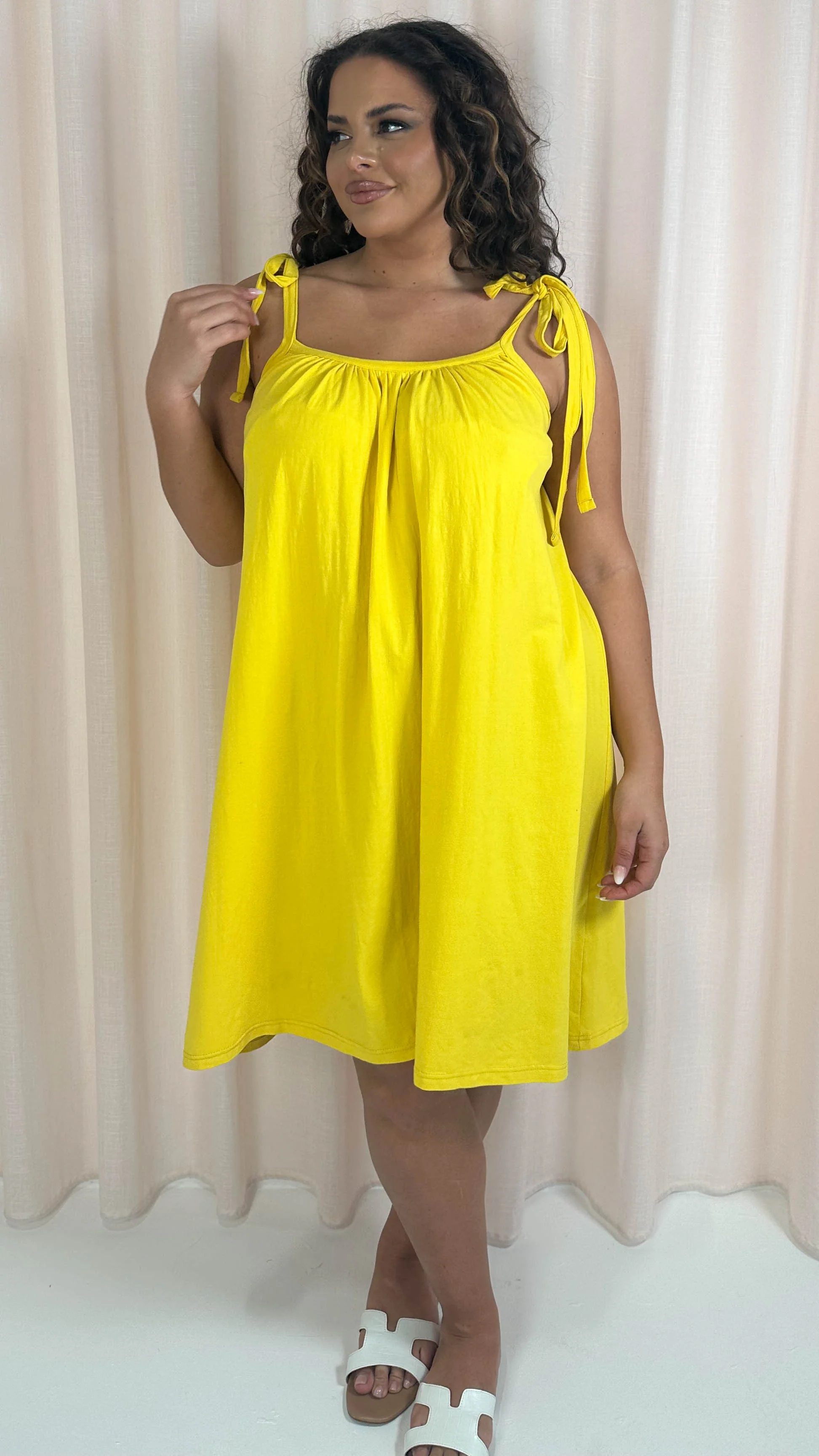 CurveWow Tie Strap Mini Dress Yellow - Image 3