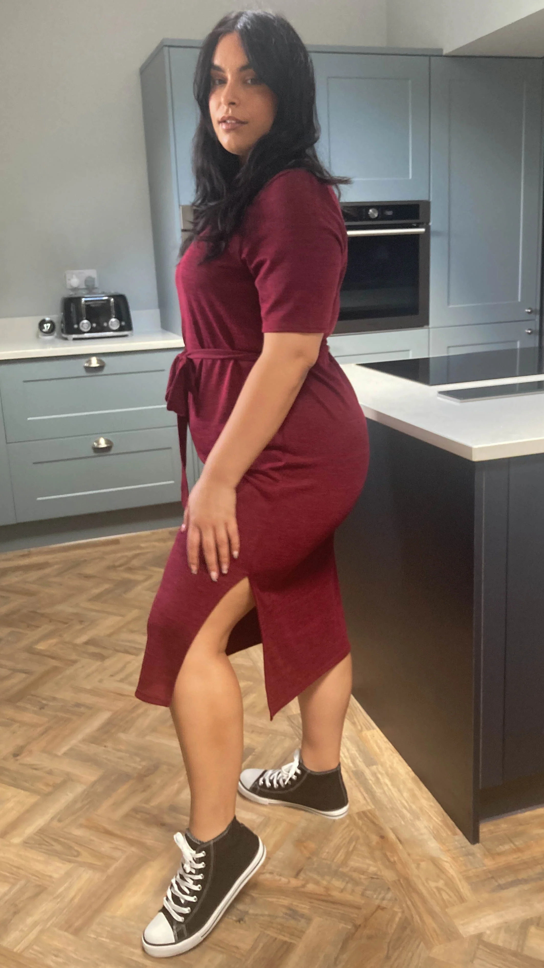 CurveWow Tie Waist Knit Dress Wine - Image 3