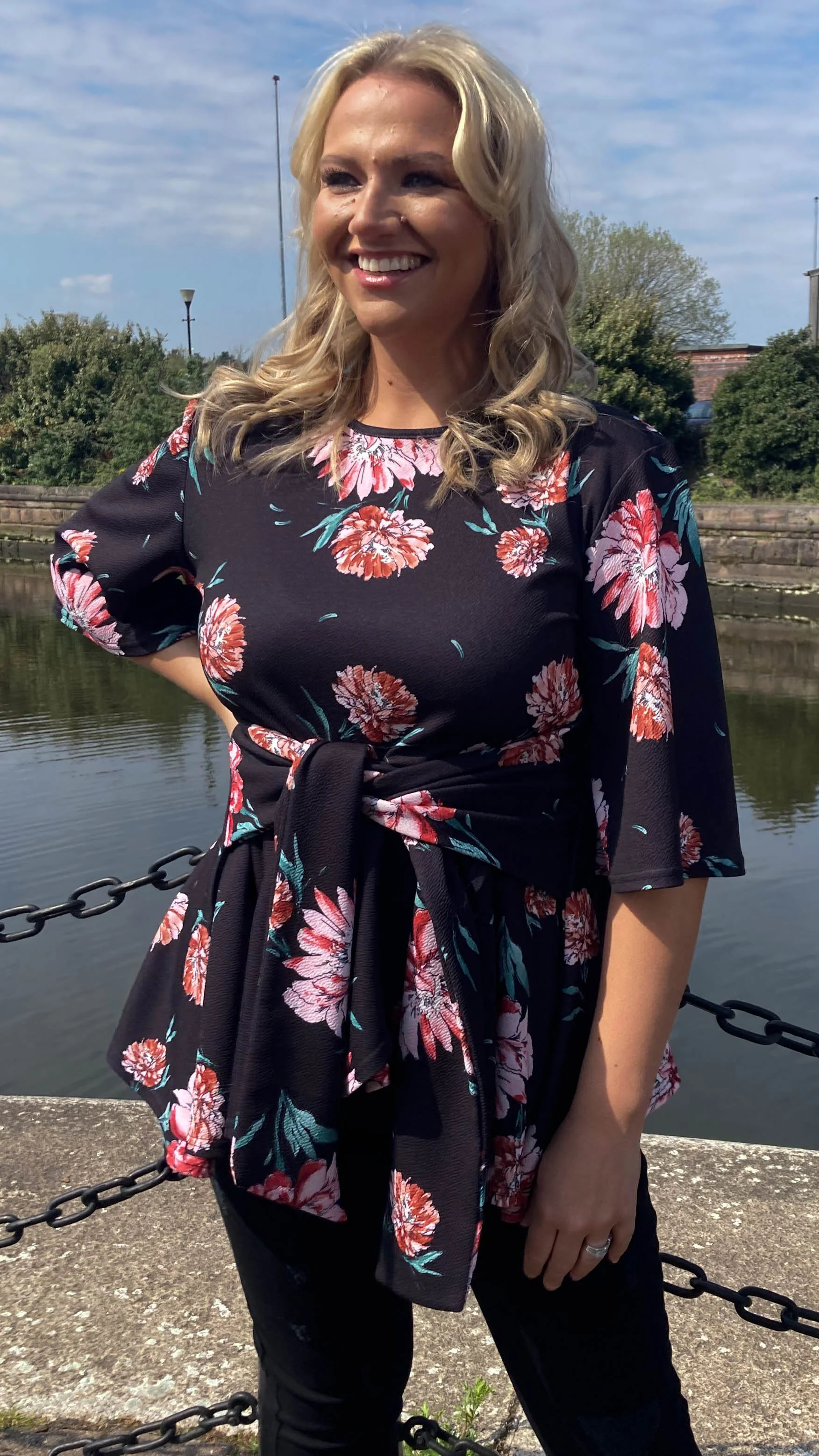 CurveWow Tie Waist Peplum Top Black Floral