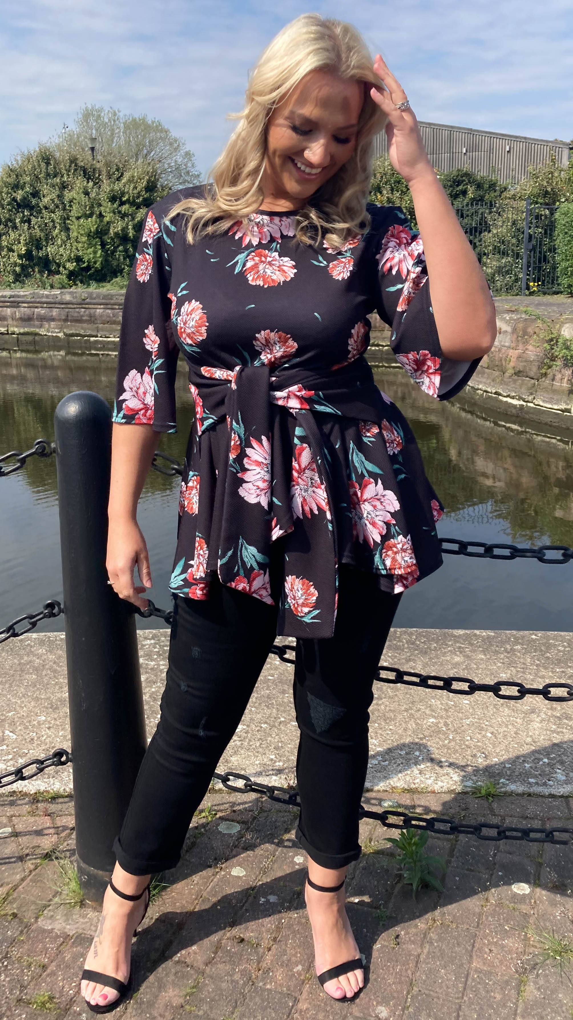 CurveWow Tie Waist Peplum Top Black Floral - Image 2