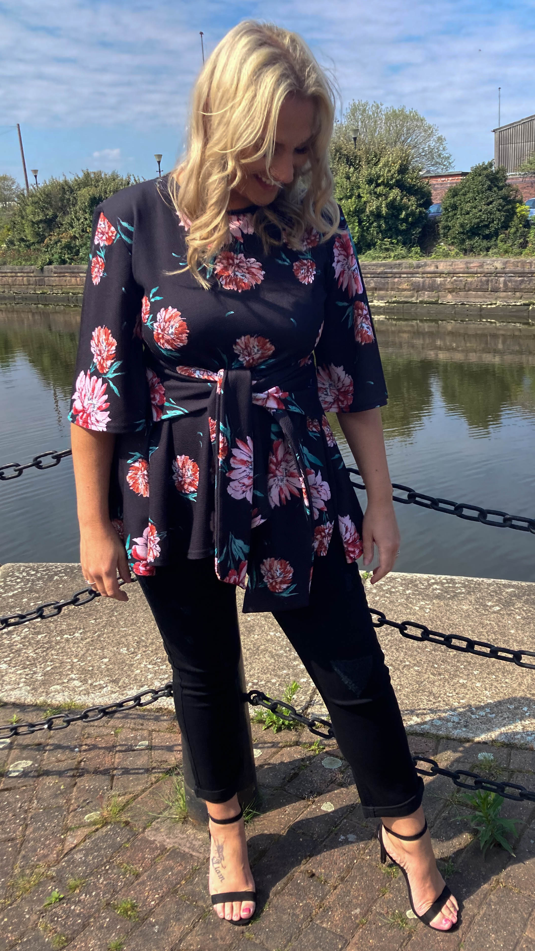 CurveWow Tie Waist Peplum Top Black Floral - Image 3