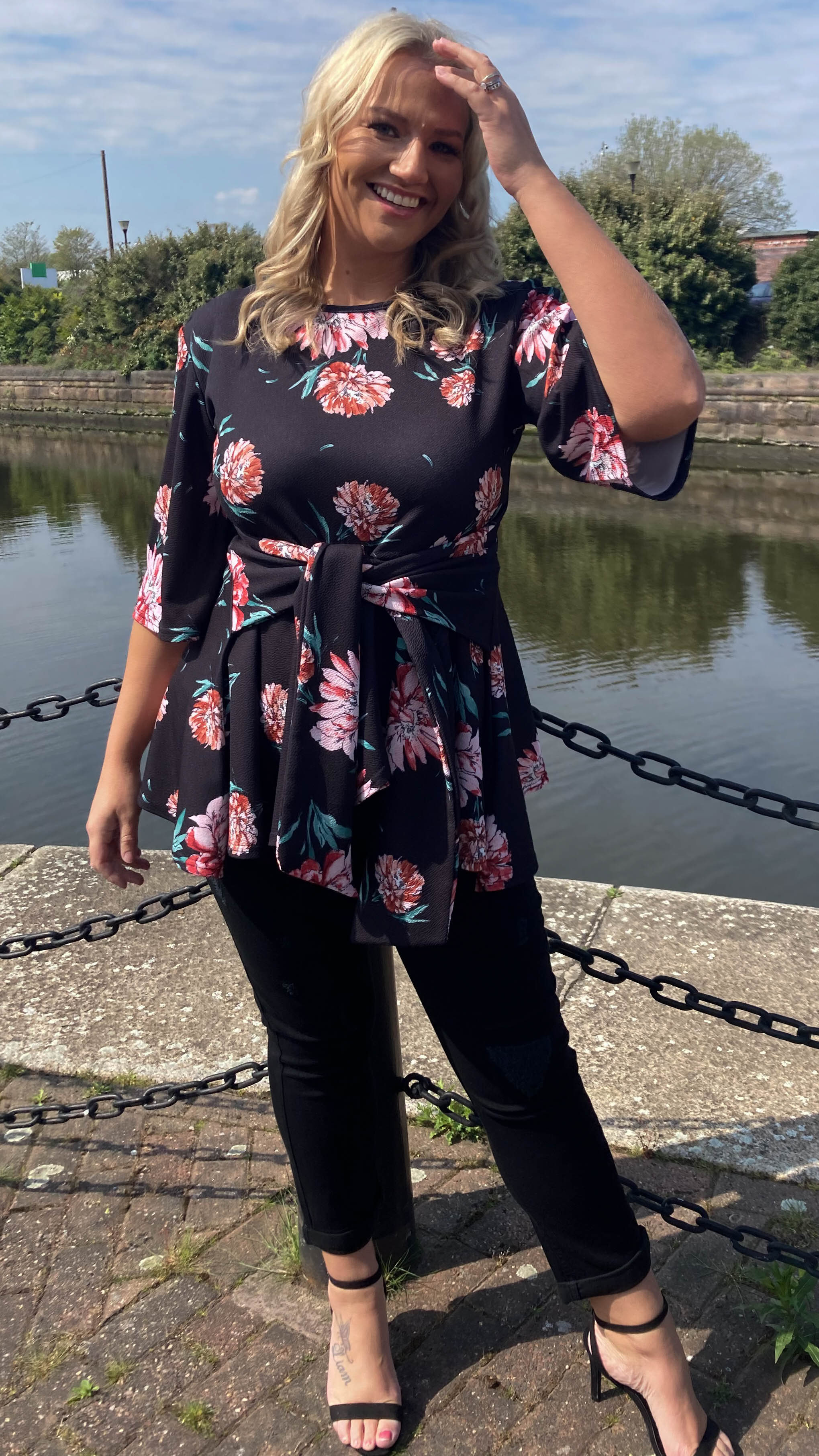 CurveWow Tie Waist Peplum Top Black Floral - Image 4