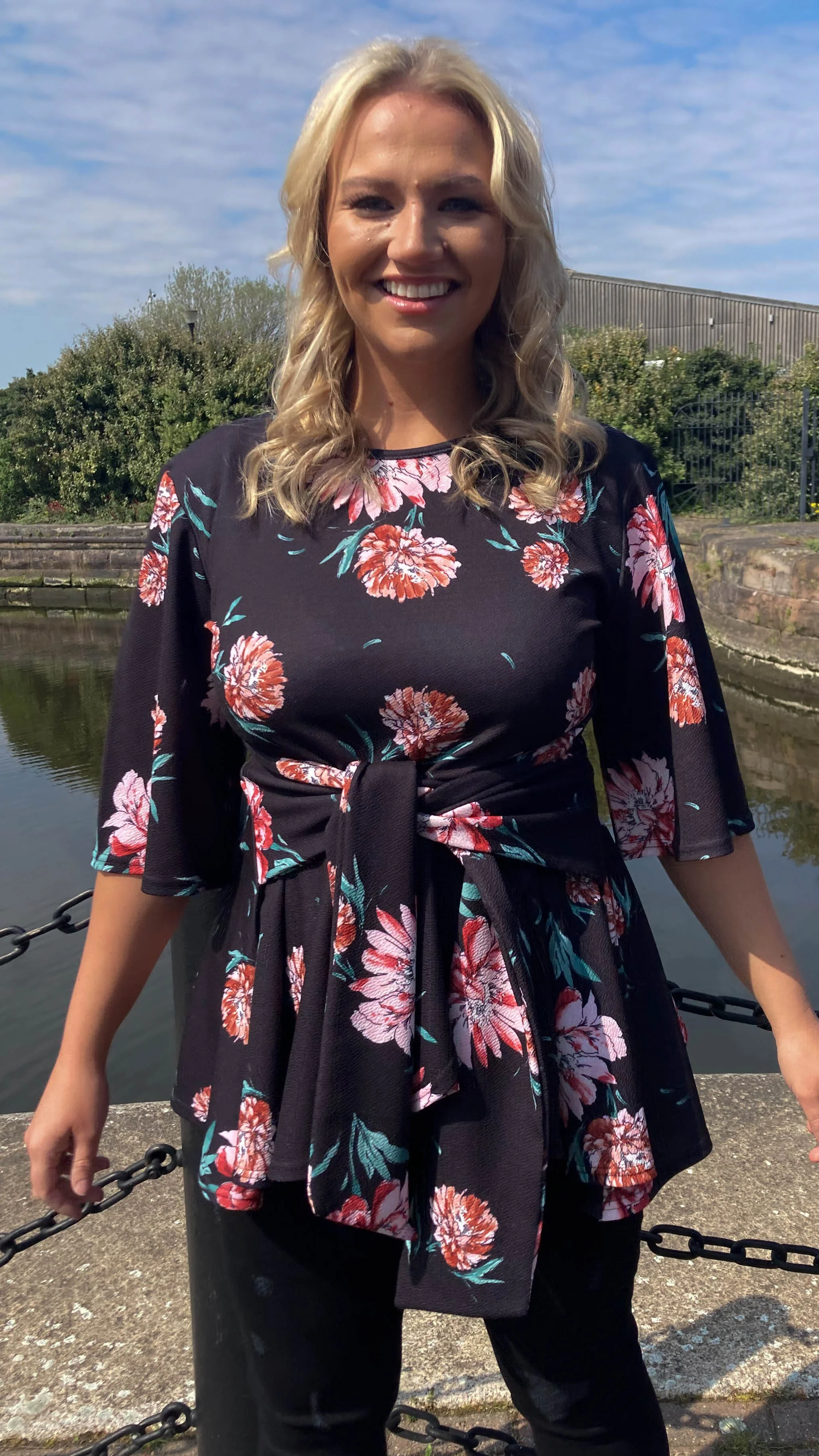 CurveWow Tie Waist Peplum Top Black Floral - Image 5