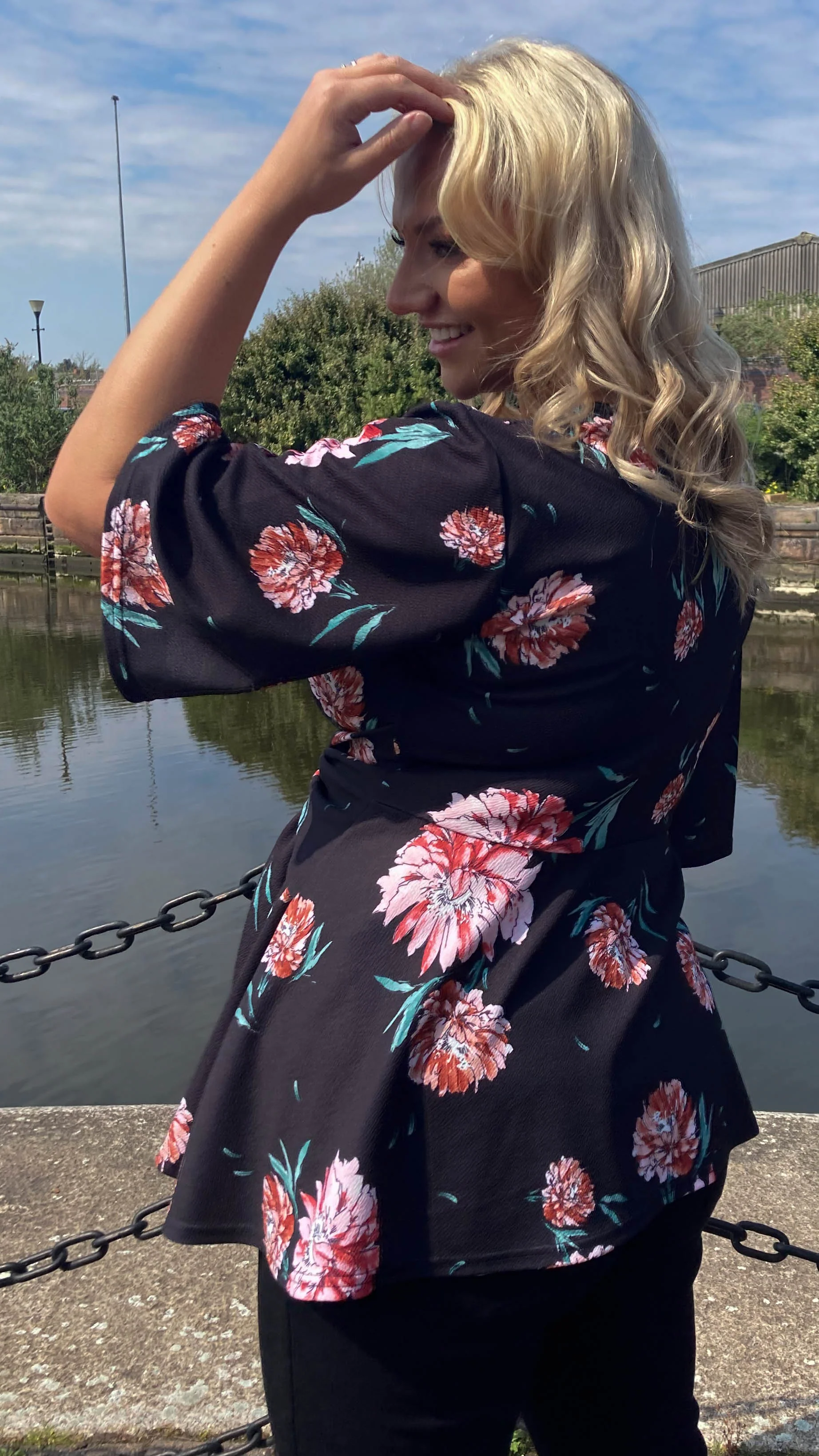 CurveWow Tie Waist Peplum Top Black Floral - Image 6