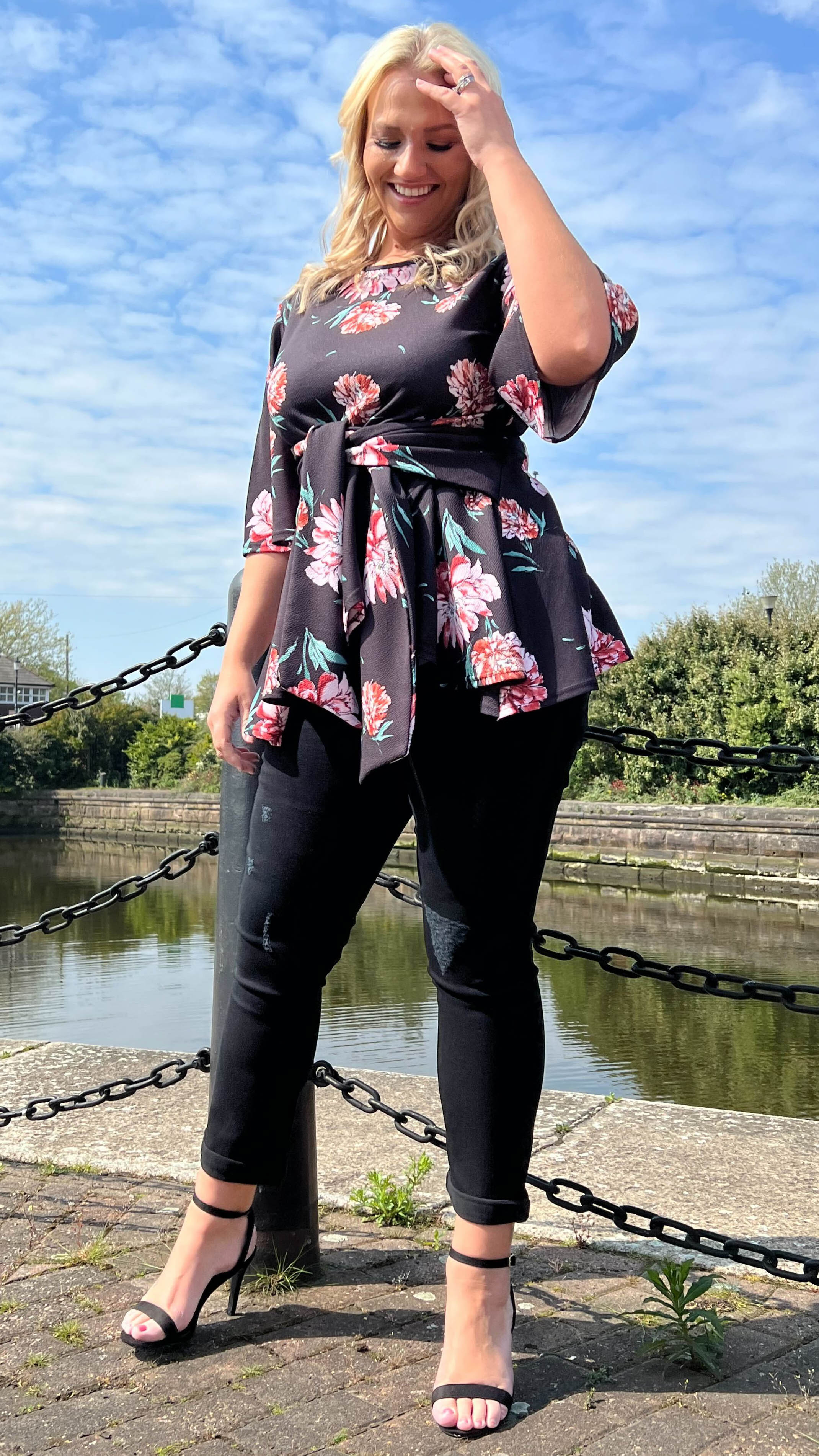 CurveWow Tie Waist Peplum Top Black Floral - Image 7