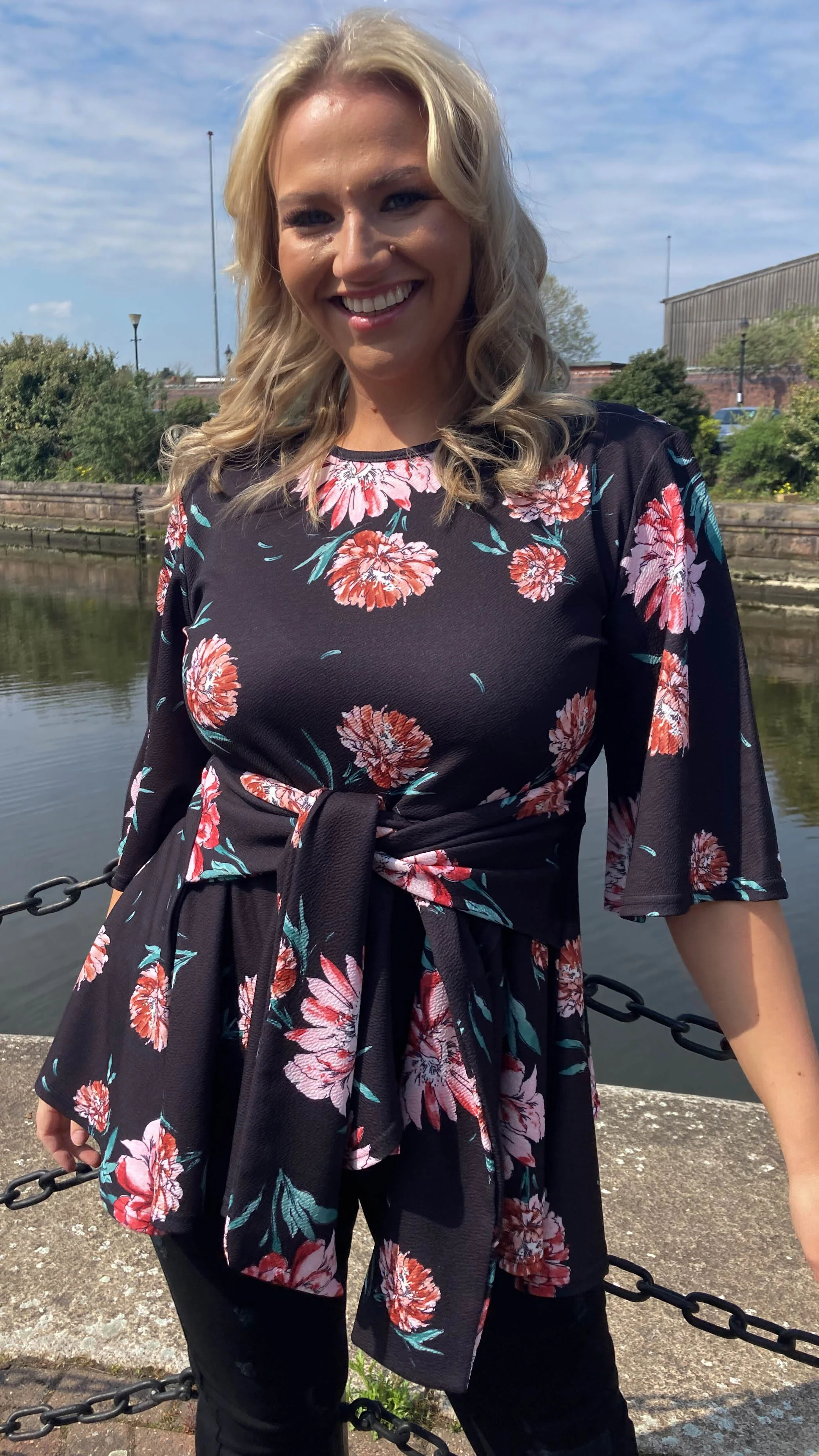 CurveWow Tie Waist Peplum Top Black Floral - Image 8