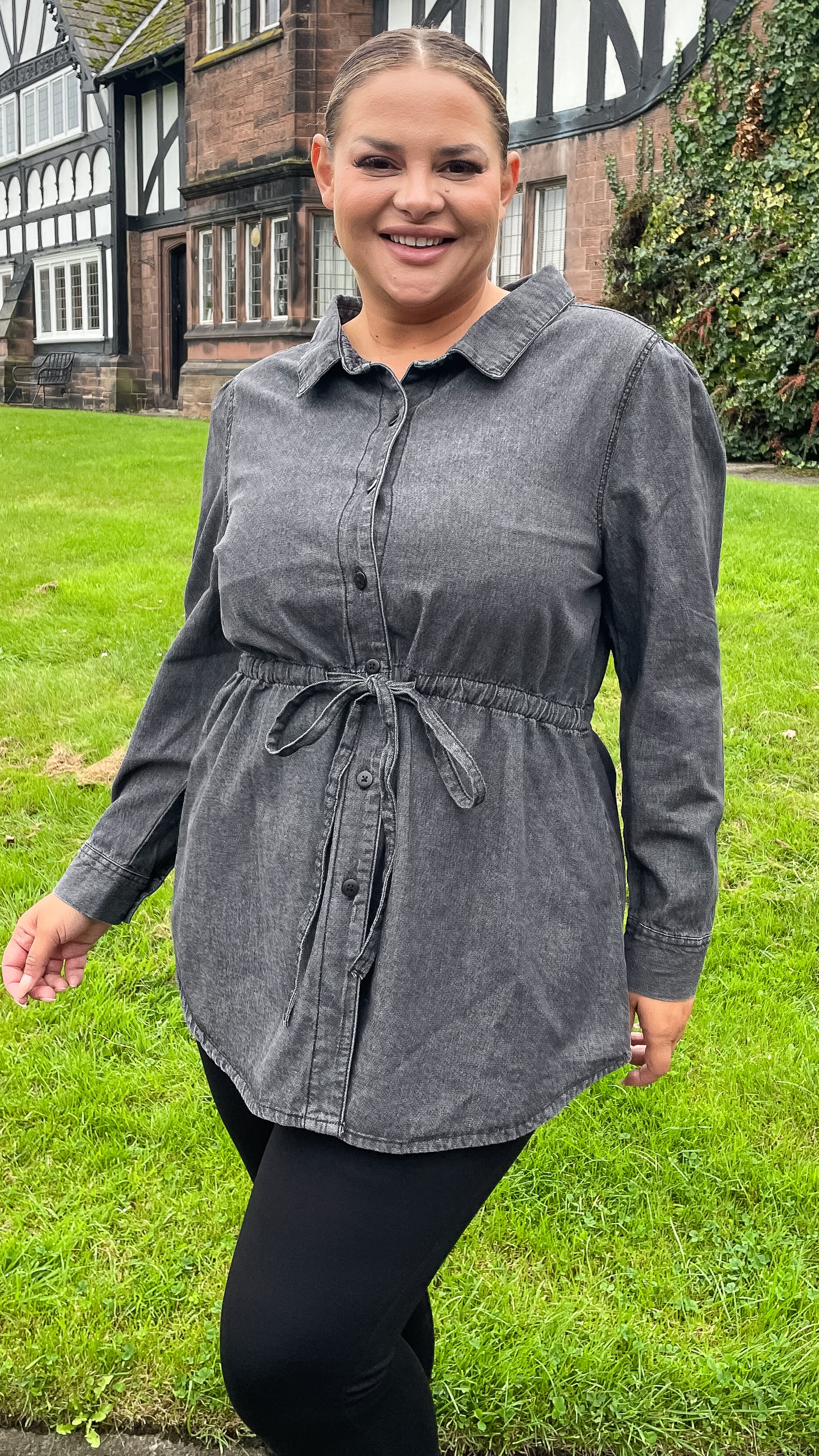 CurveWow Tie Waist Denim Blouse Black Wash - Image 2