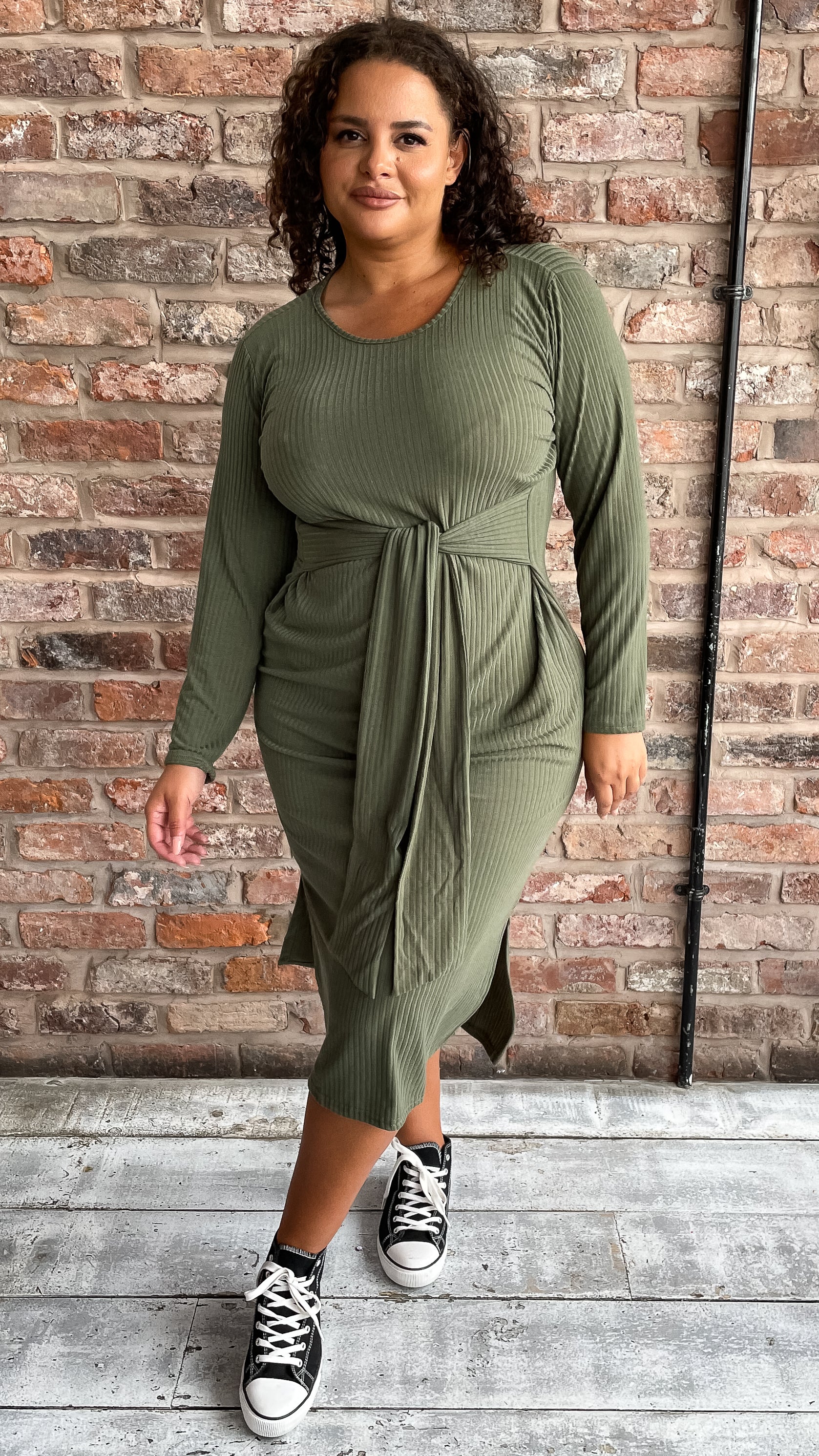 CurveWow Tie Waist Ribbed Midi Dress Khaki - Image 3