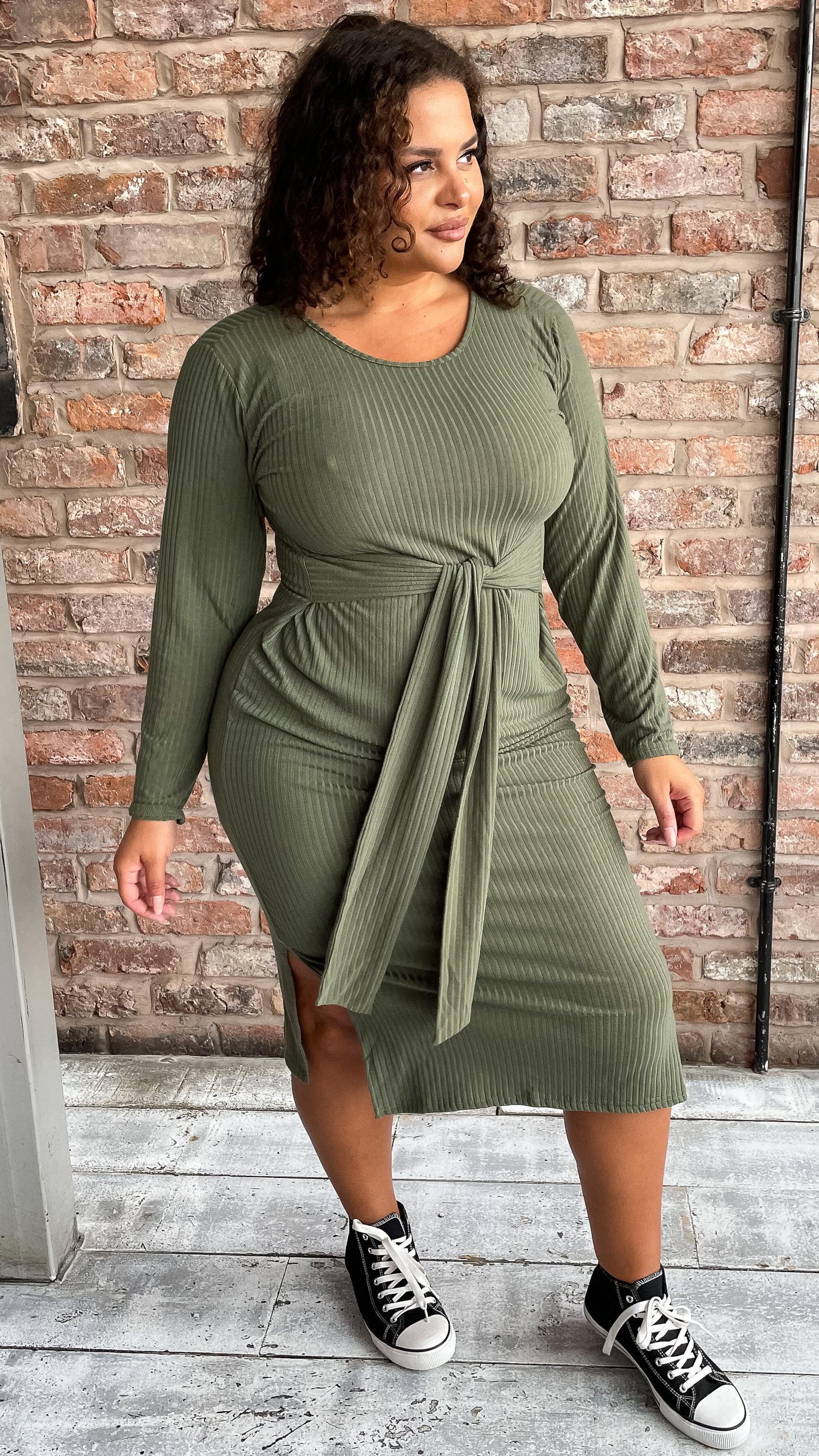 CurveWow Tie Waist Ribbed Midi Dress Khaki - Image 5