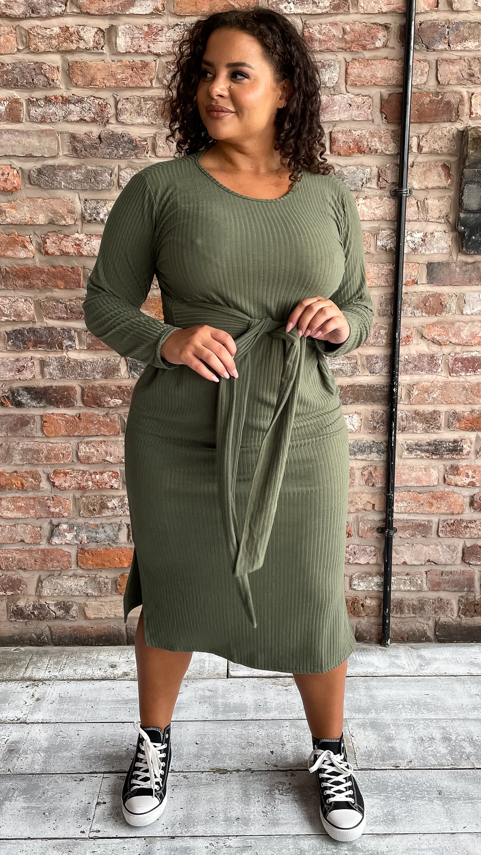 CurveWow Tie Waist Ribbed Midi Dress Khaki - Image 6