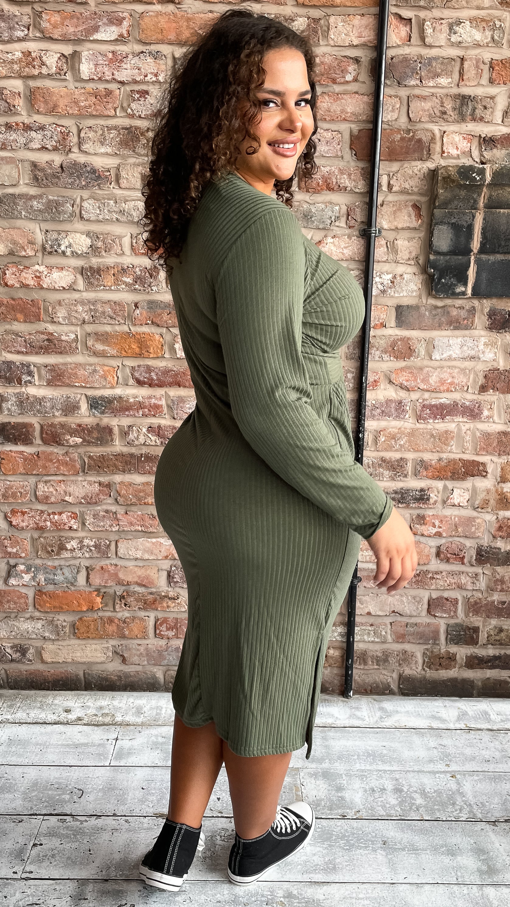 CurveWow Tie Waist Ribbed Midi Dress Khaki - Image 7